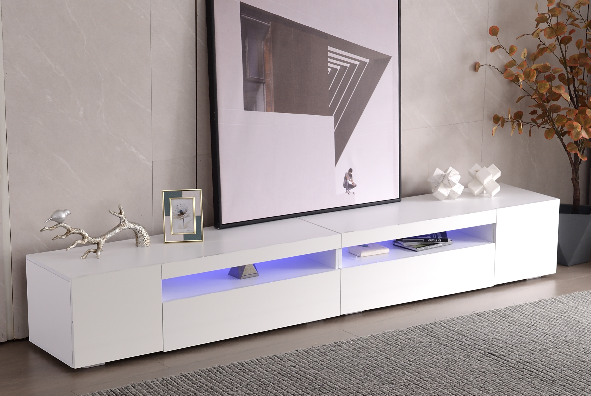 TV Cabinet, Modern LED Lighting, 240cm, White