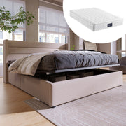 Storage Bed, Hydraulic Double 160x200cm with Mattress & Wooden Slats, Linen Beige