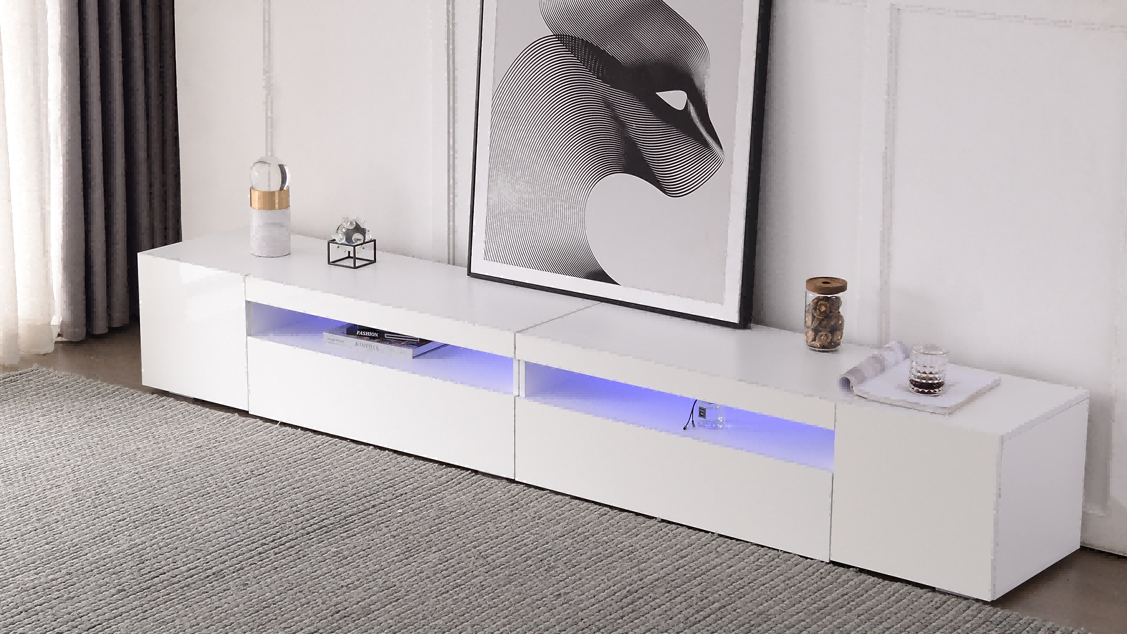 TV Cabinet, Modern LED Lighting, 240cm, White