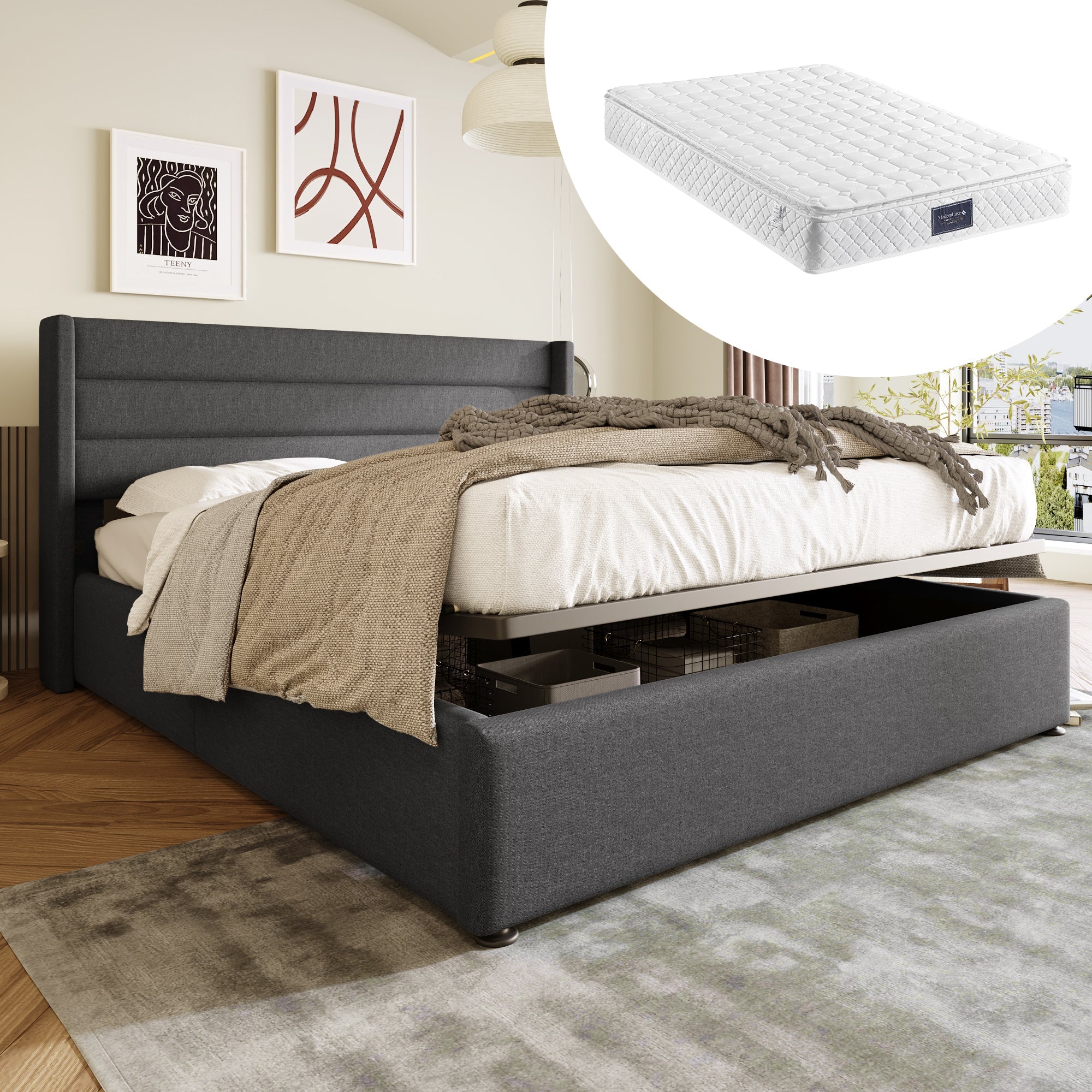 Storage Bed, Hydraulic Double 140x200cm with Mattress & Slatted Frame, Linen Grey