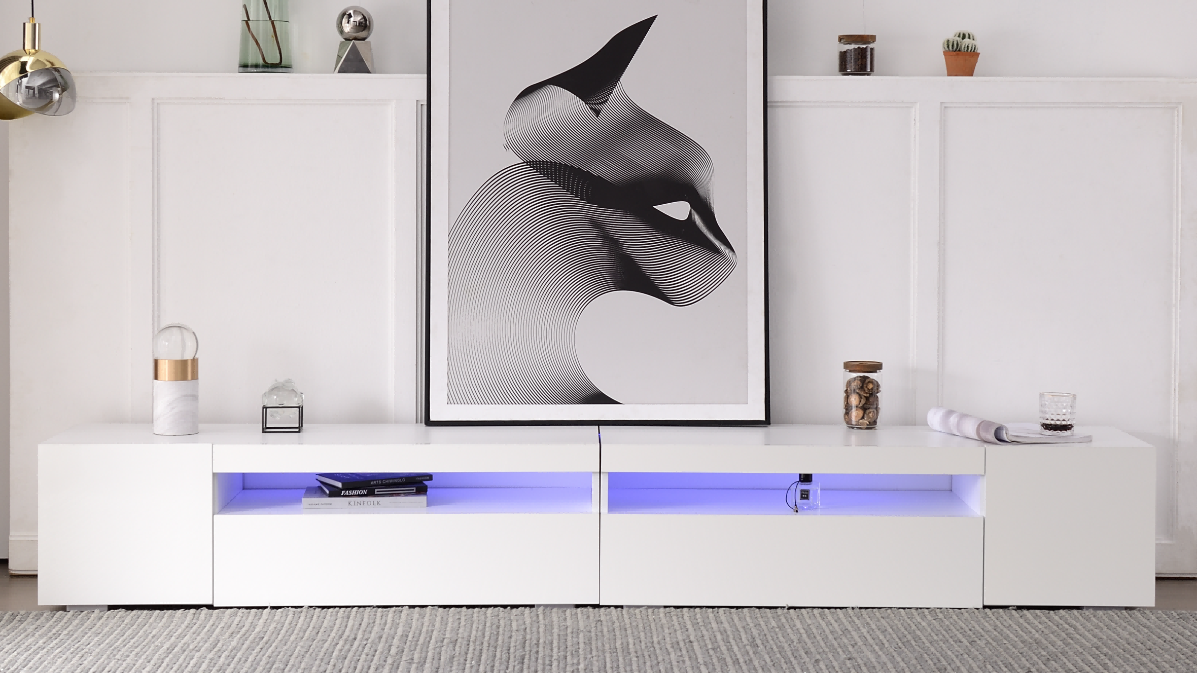 TV Cabinet, Modern LED Lighting, 240cm, White