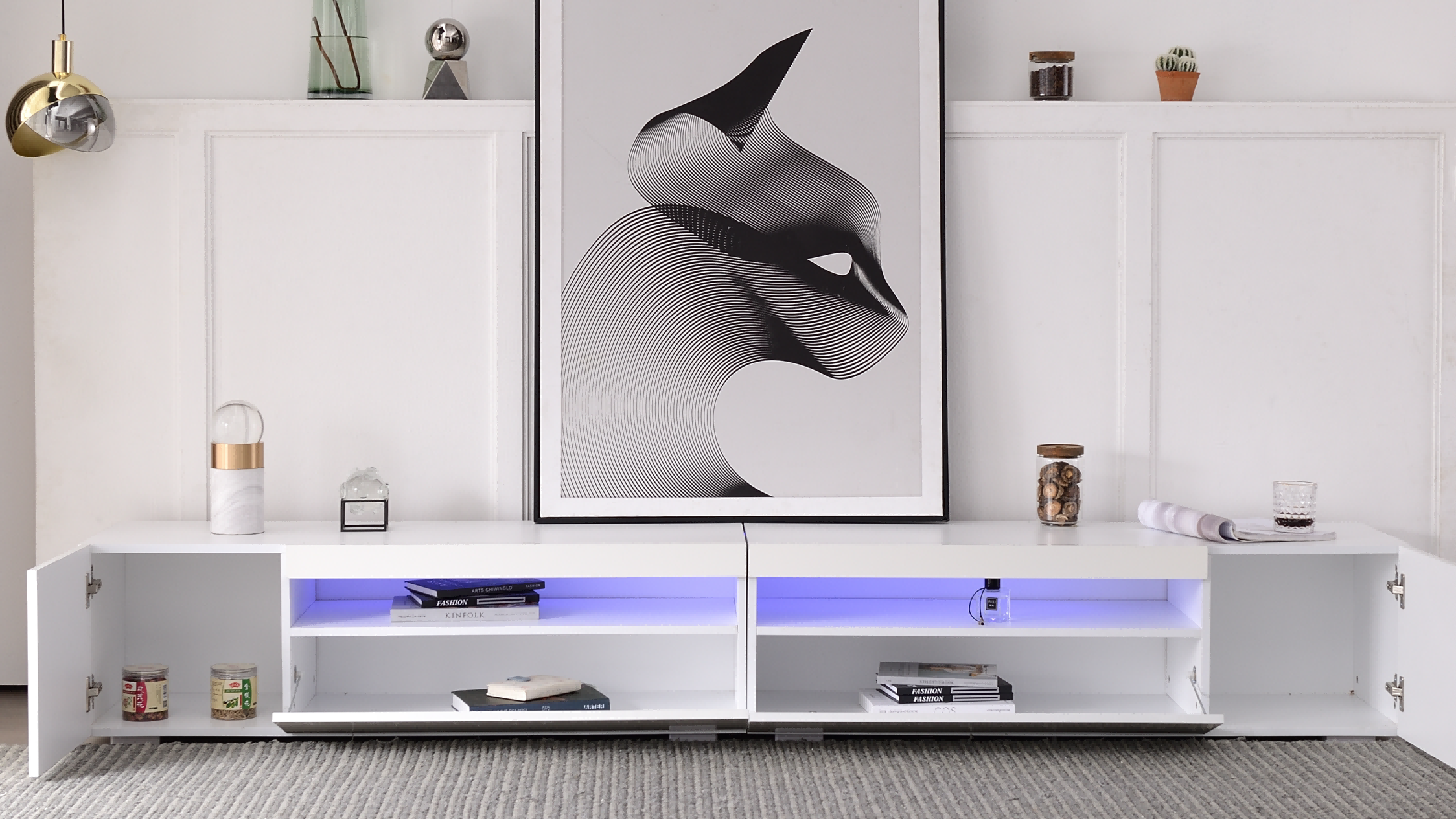 TV Cabinet, Modern LED Lighting, 240cm, White