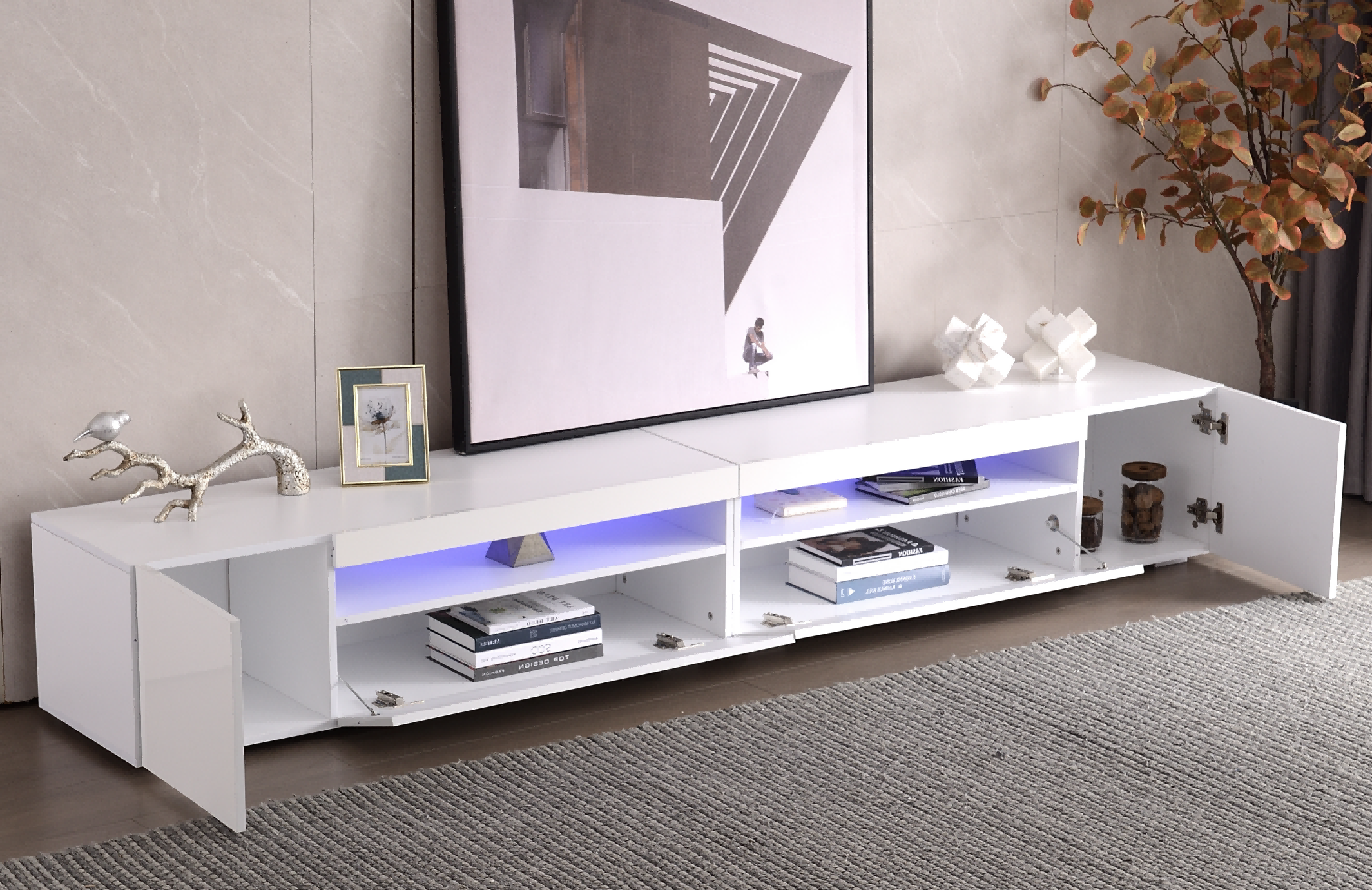 TV Cabinet, Modern LED Lighting, 240cm, White