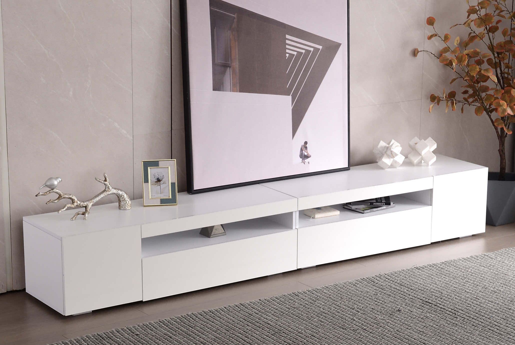 TV Cabinet, Modern LED Lighting, 240cm, White