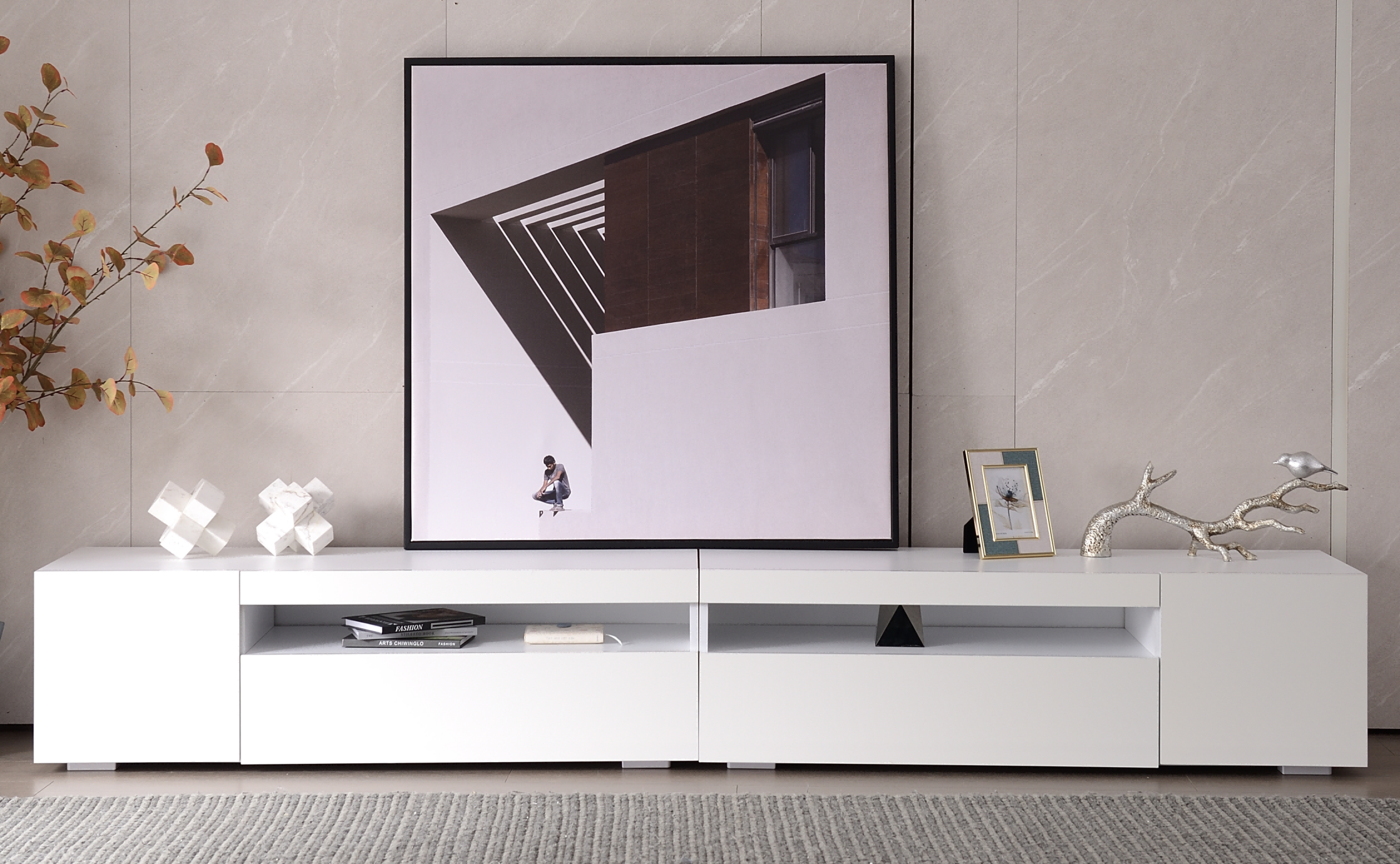 TV Cabinet, Modern LED Lighting, 240cm, White