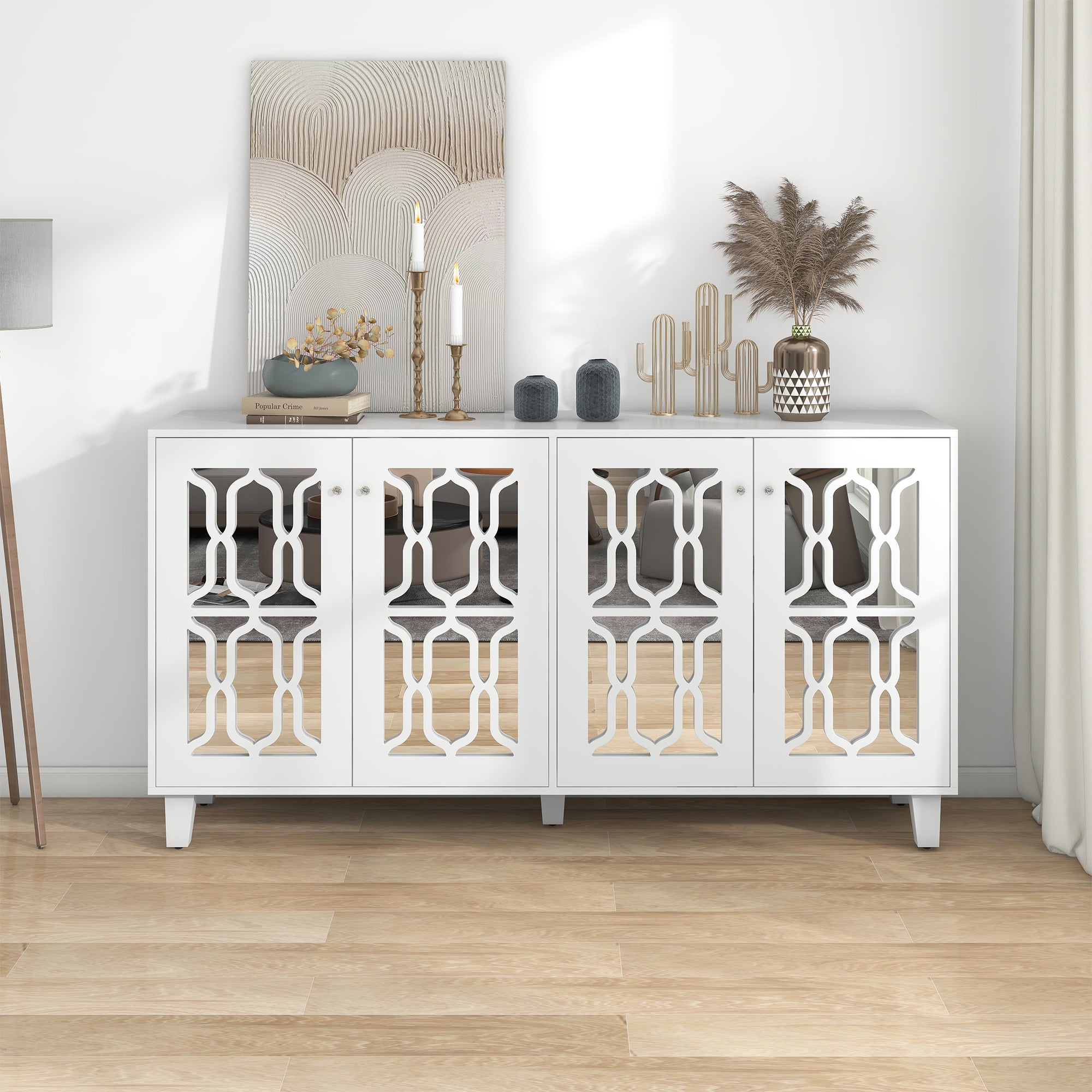 Sideboard, Mirrored with Crystal Handles, Four Doors, White
