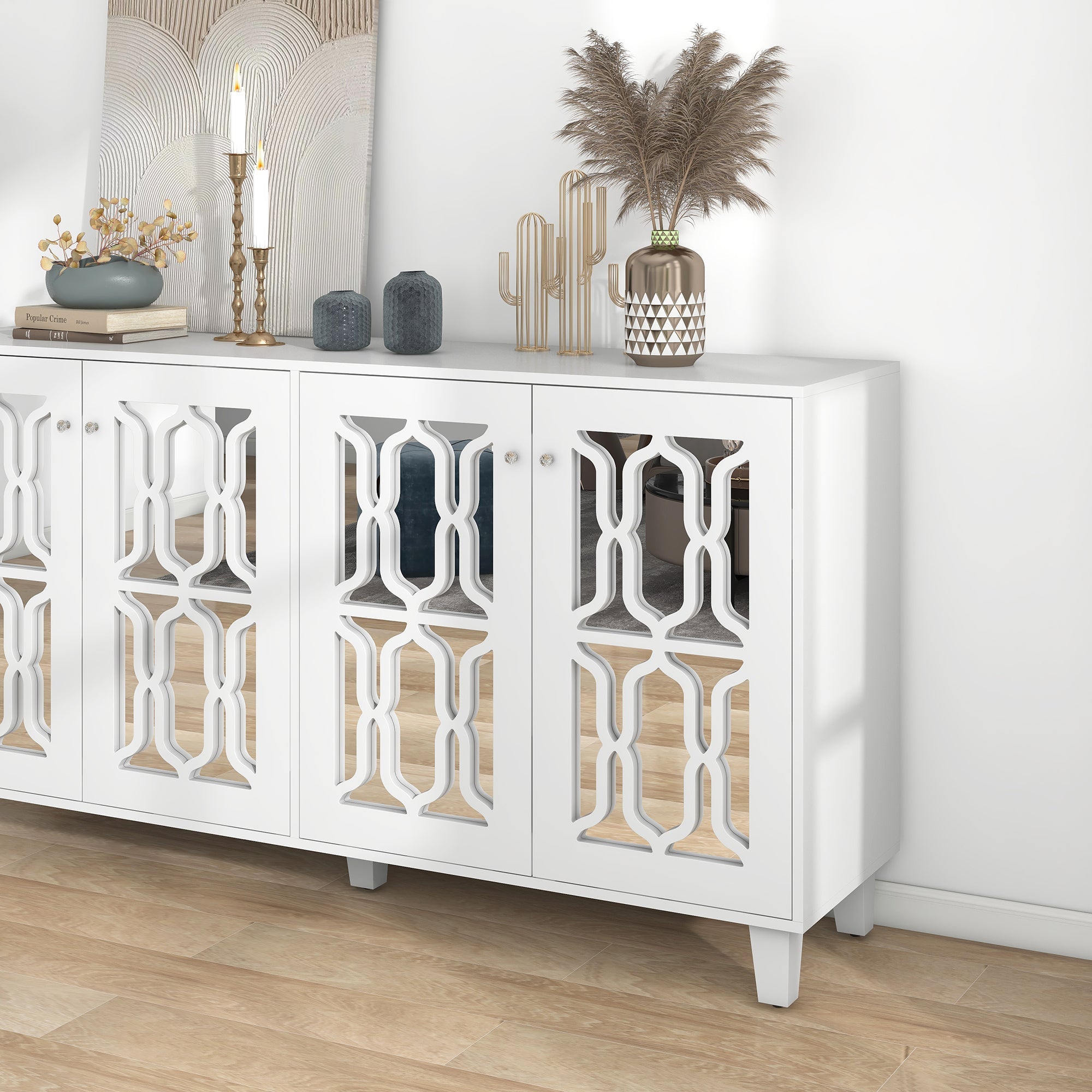 Sideboard, Mirrored with Crystal Handles, Four Doors, White