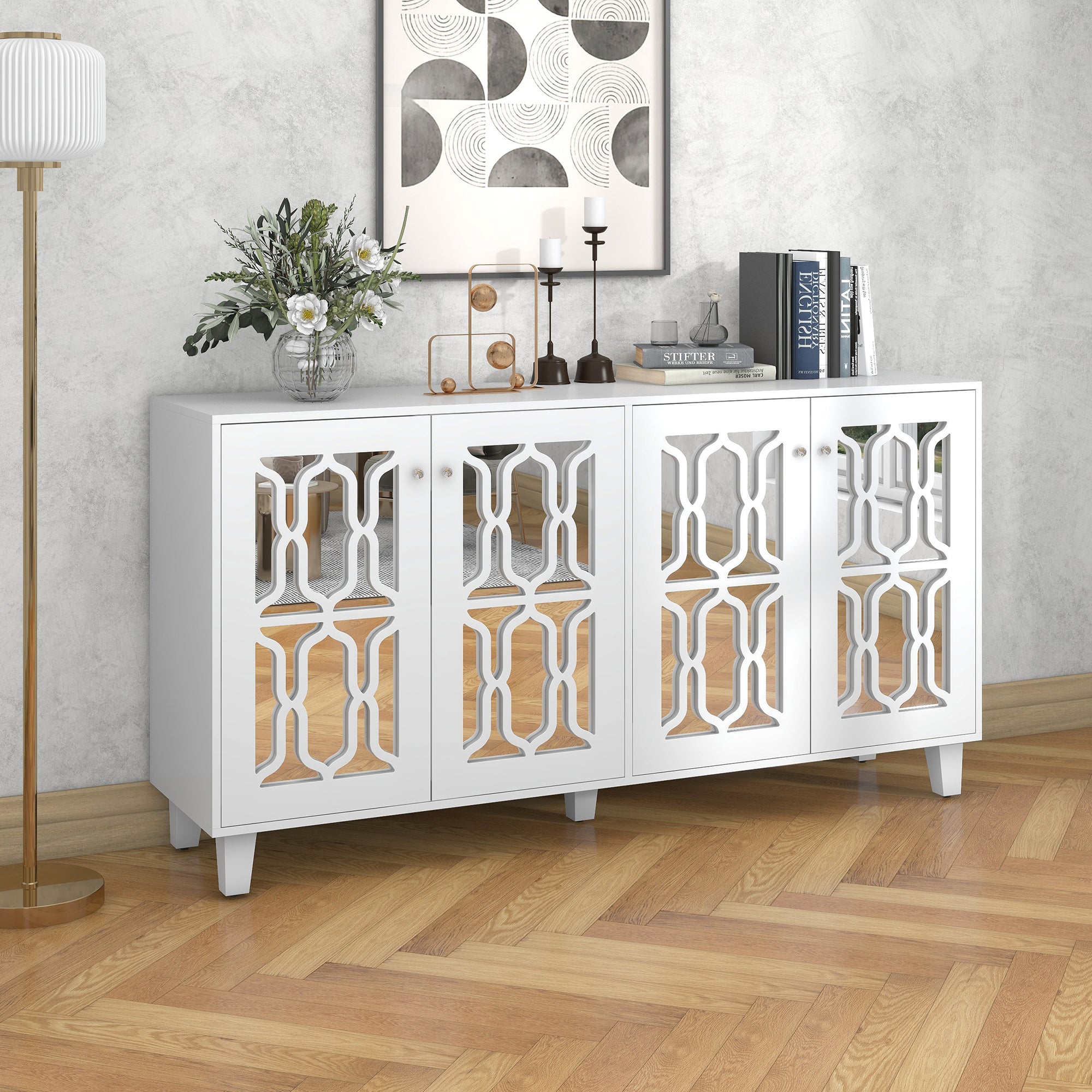 Sideboard, Mirrored with Crystal Handles, Four Doors, White