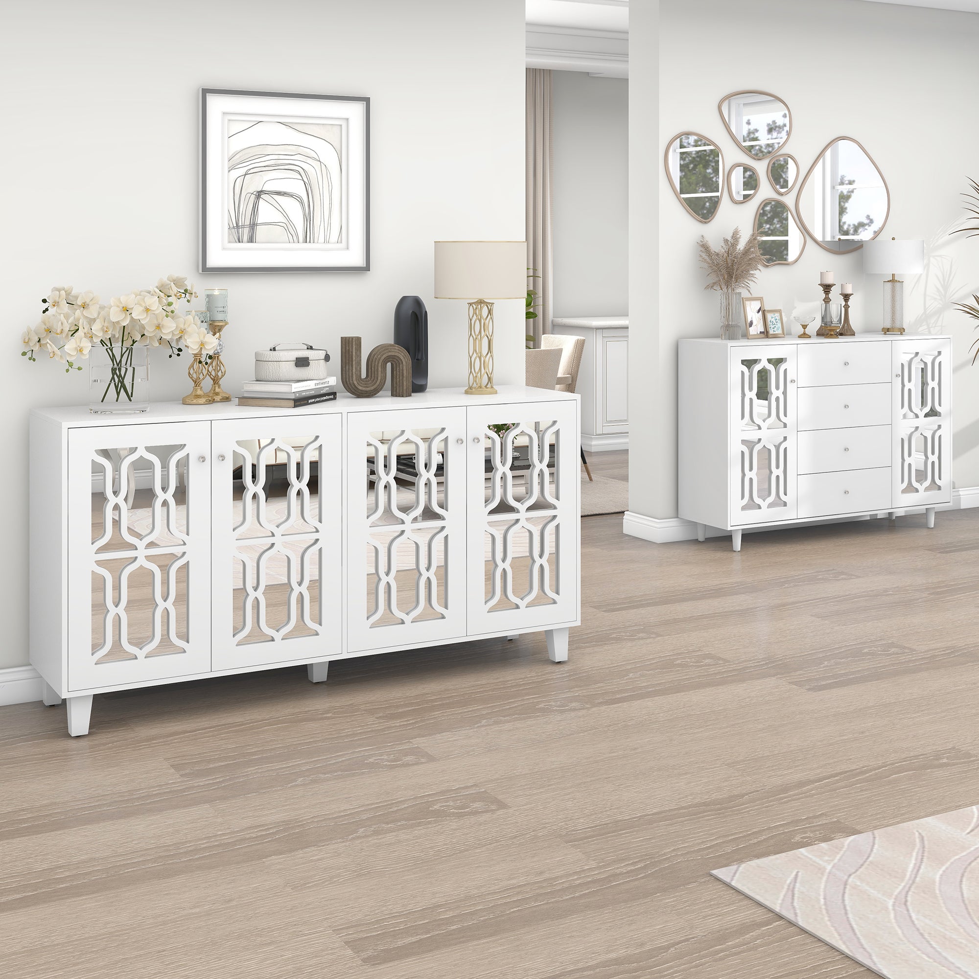 Sideboard, Mirrored with Crystal Handles, Four Doors, White