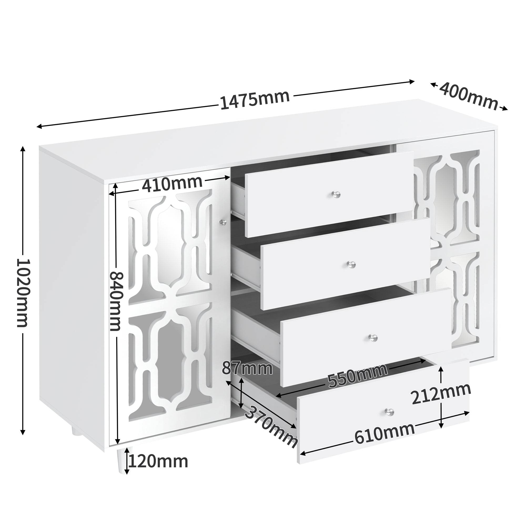 Mirrored Sideboard Crystal Handles 147.5x40x102cm, White