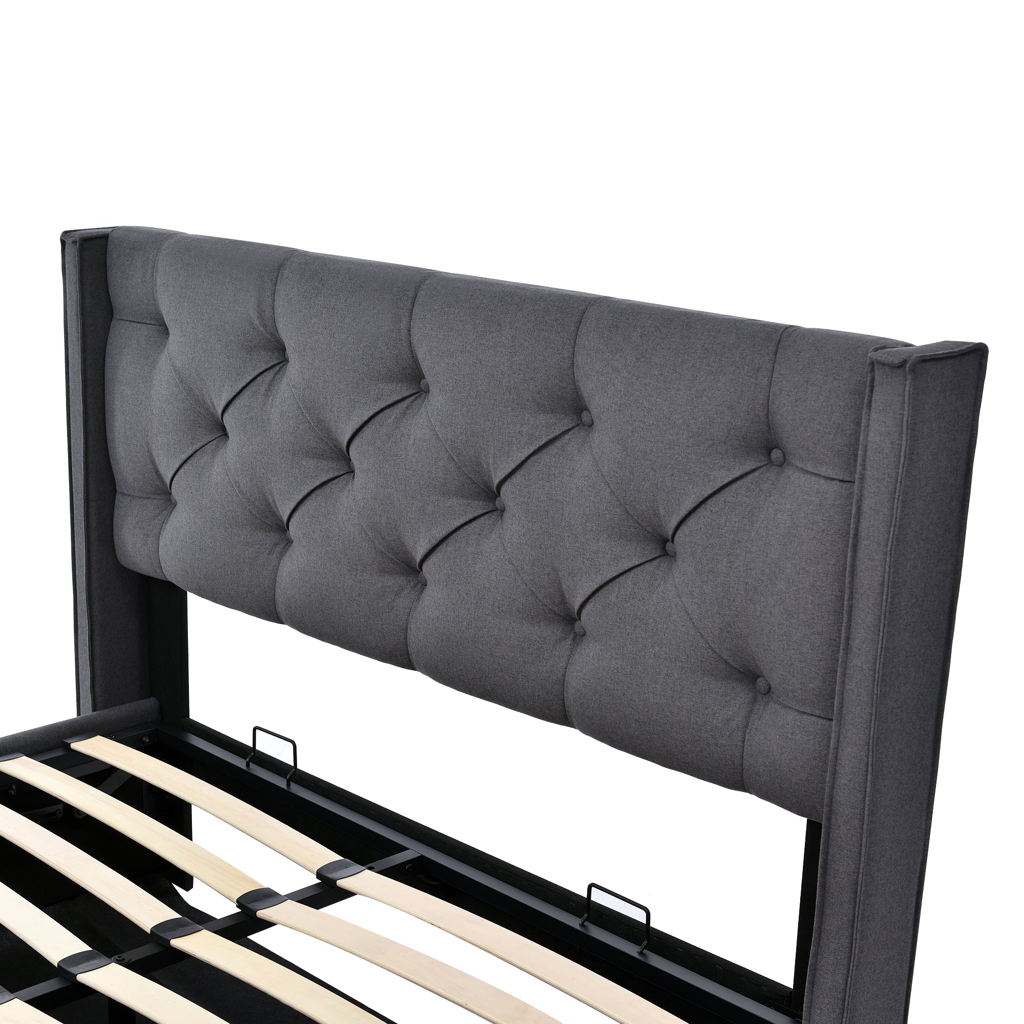 Hydraulic Double Upholstered Bed 160x200cm, Metal Frame with Storage, Gray Cotton