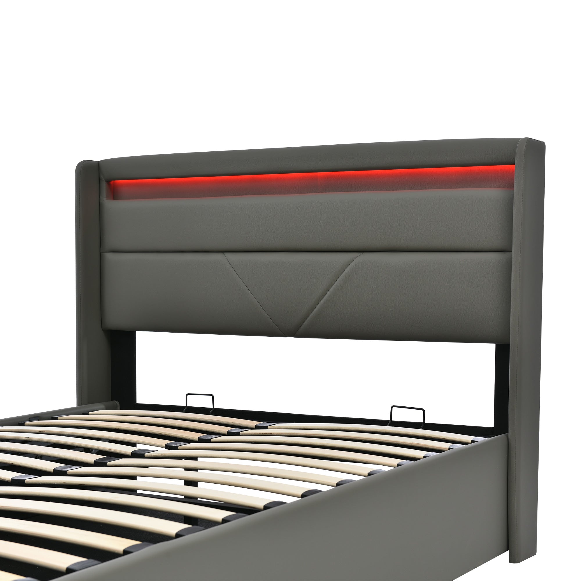 Hydraulic Storage Bed with LED, Double, 160x200cm, Upholstered, Gray