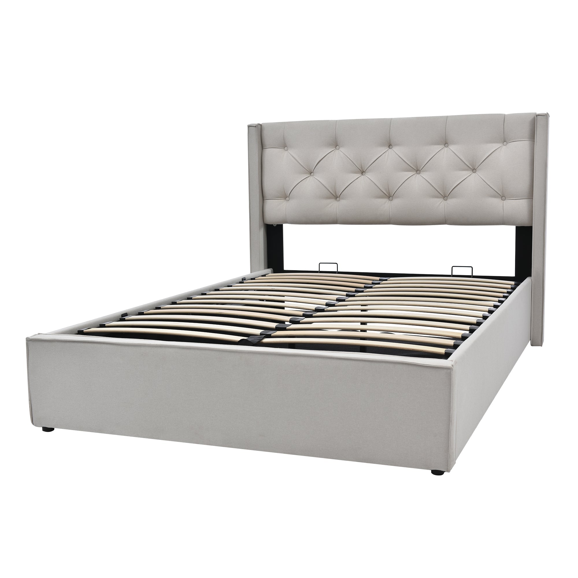 Upholstered Bed, Hydraulic Double with Storage, Light Grey Cotton