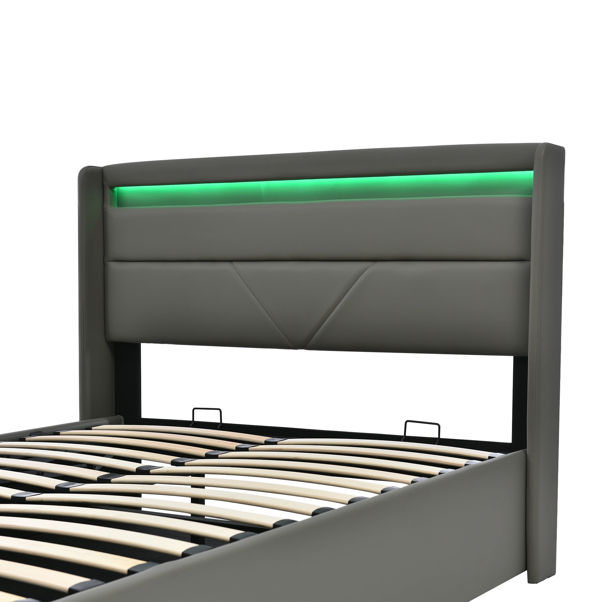 Hydraulic Storage Bed with LED Strip, Double Upholstered 160x200cm, Gray