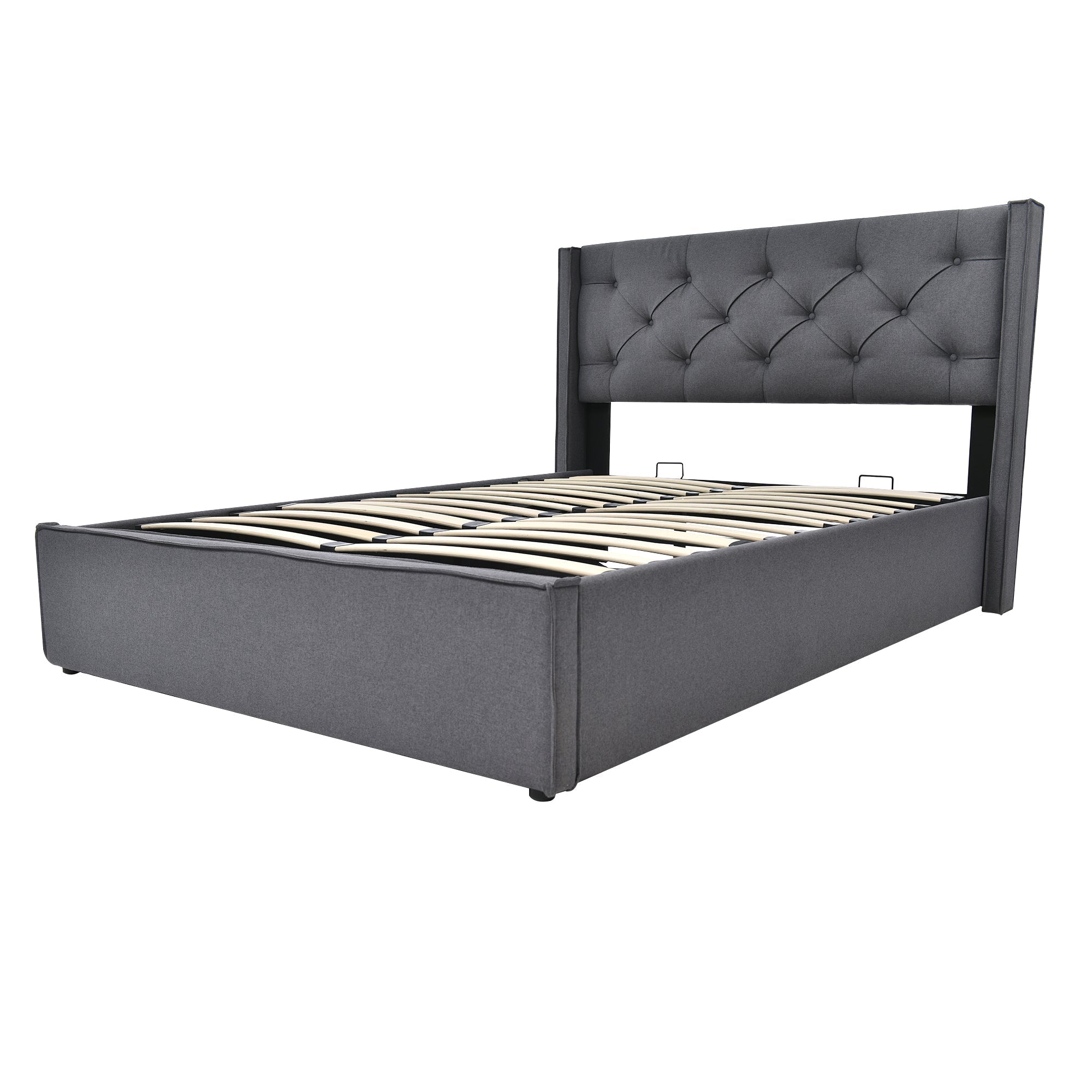 Hydraulic Double Upholstered Bed 160x200cm, Metal Frame with Storage, Gray Cotton