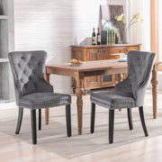 Velvet Dining Chairs, Set of 4, Oak Legs, Chrome Knocker, Nailhead Trim (Grey)