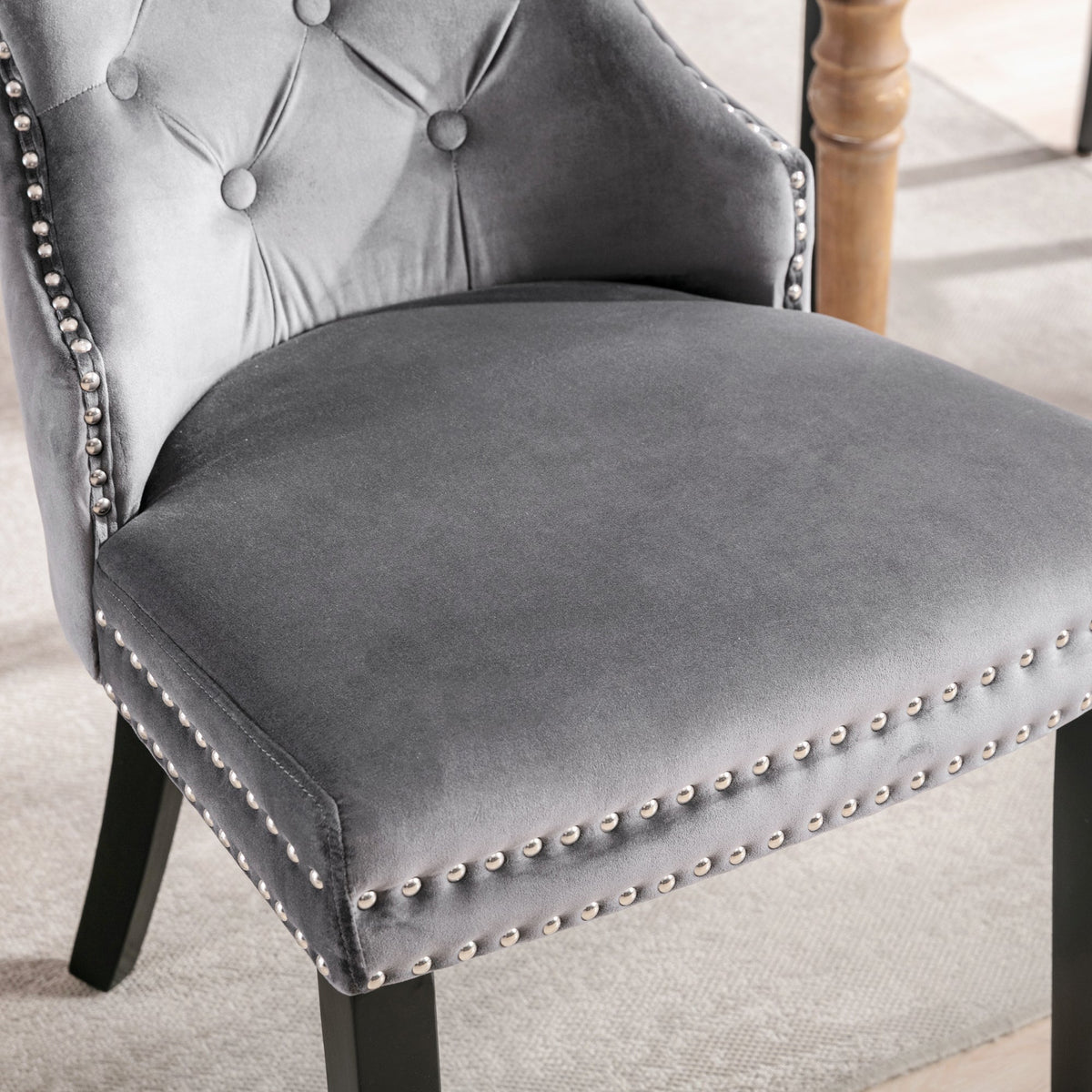 Velvet Dining Chairs, Set of 4, Oak Legs, Chrome Knocker, Nailhead Trim (Grey)
