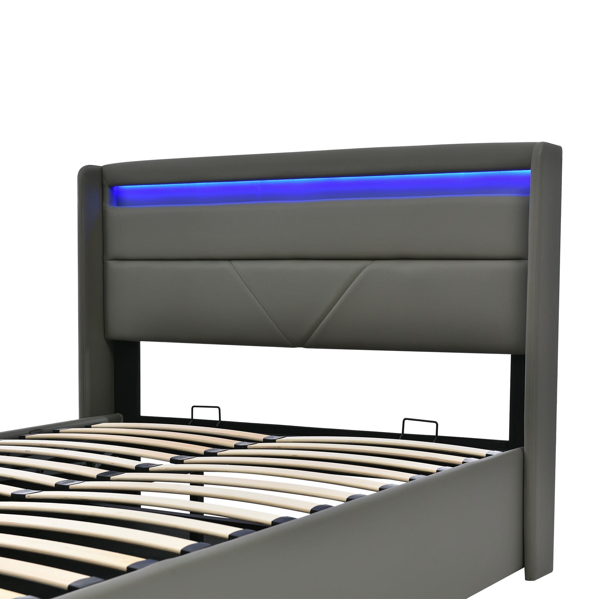 Hydraulic Storage Bed with LED, Double, 160x200cm, Upholstered, Gray