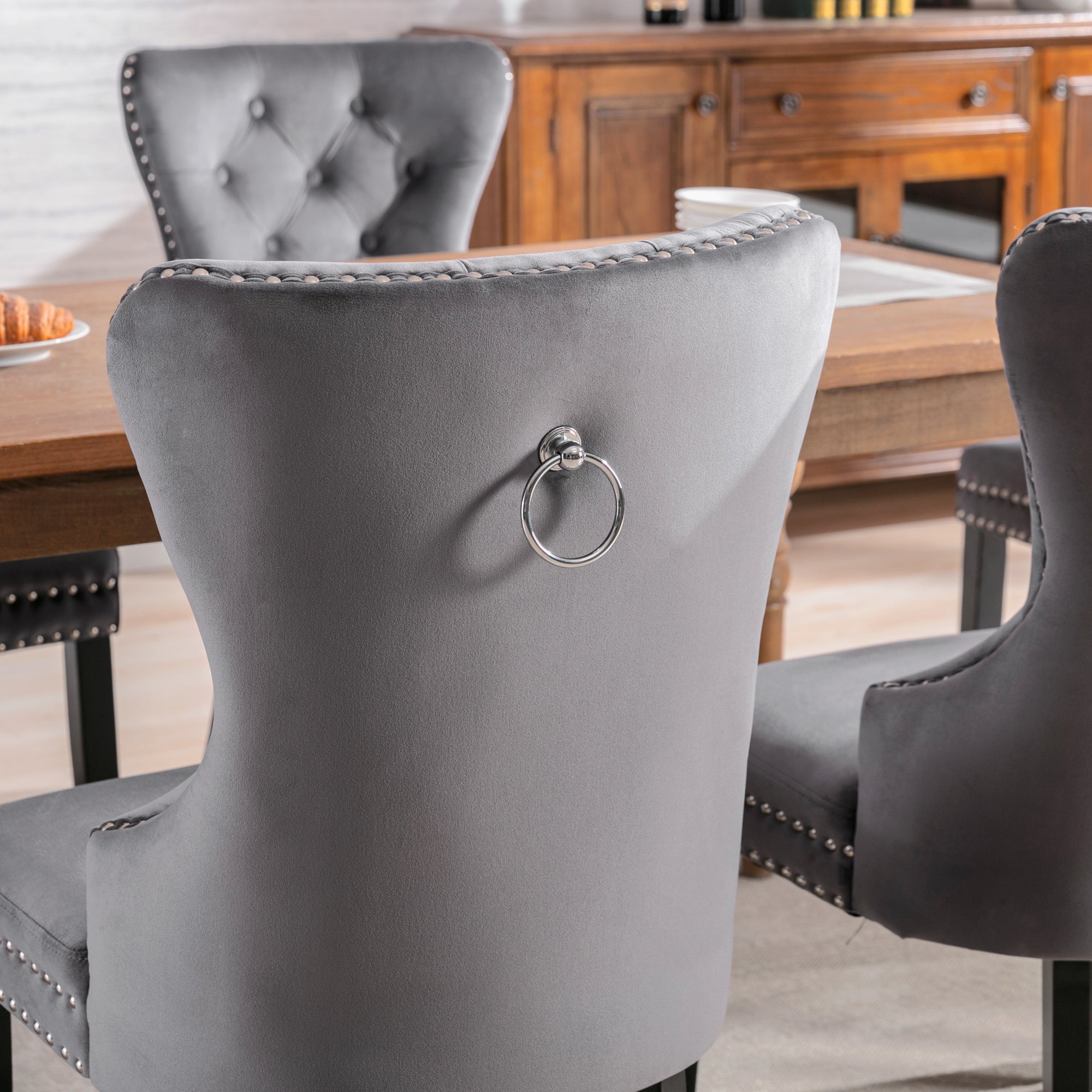 Velvet Dining Chairs Set of 2 with Oak Legs and Chrome Knocker, Grey Velvet