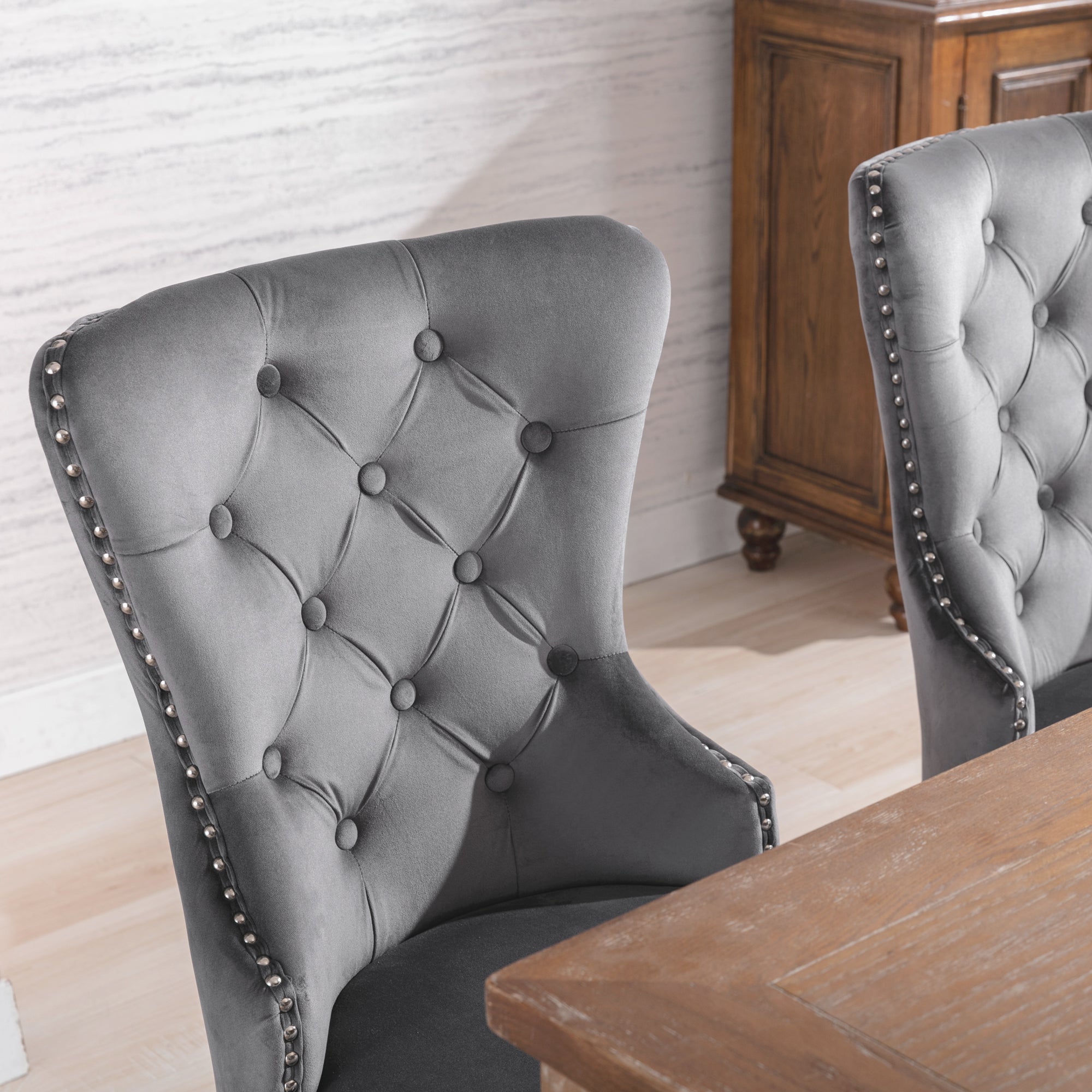 Velvet Dining Chairs Set of 2 with Oak Legs and Chrome Knocker, Grey Velvet