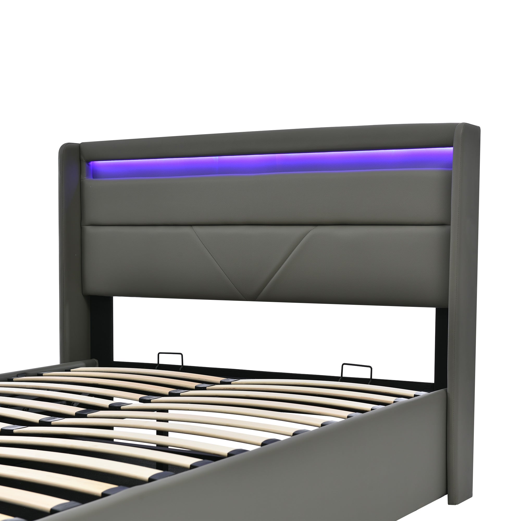 Hydraulic Storage Bed with LED, Double, 160x200cm, Upholstered, Gray