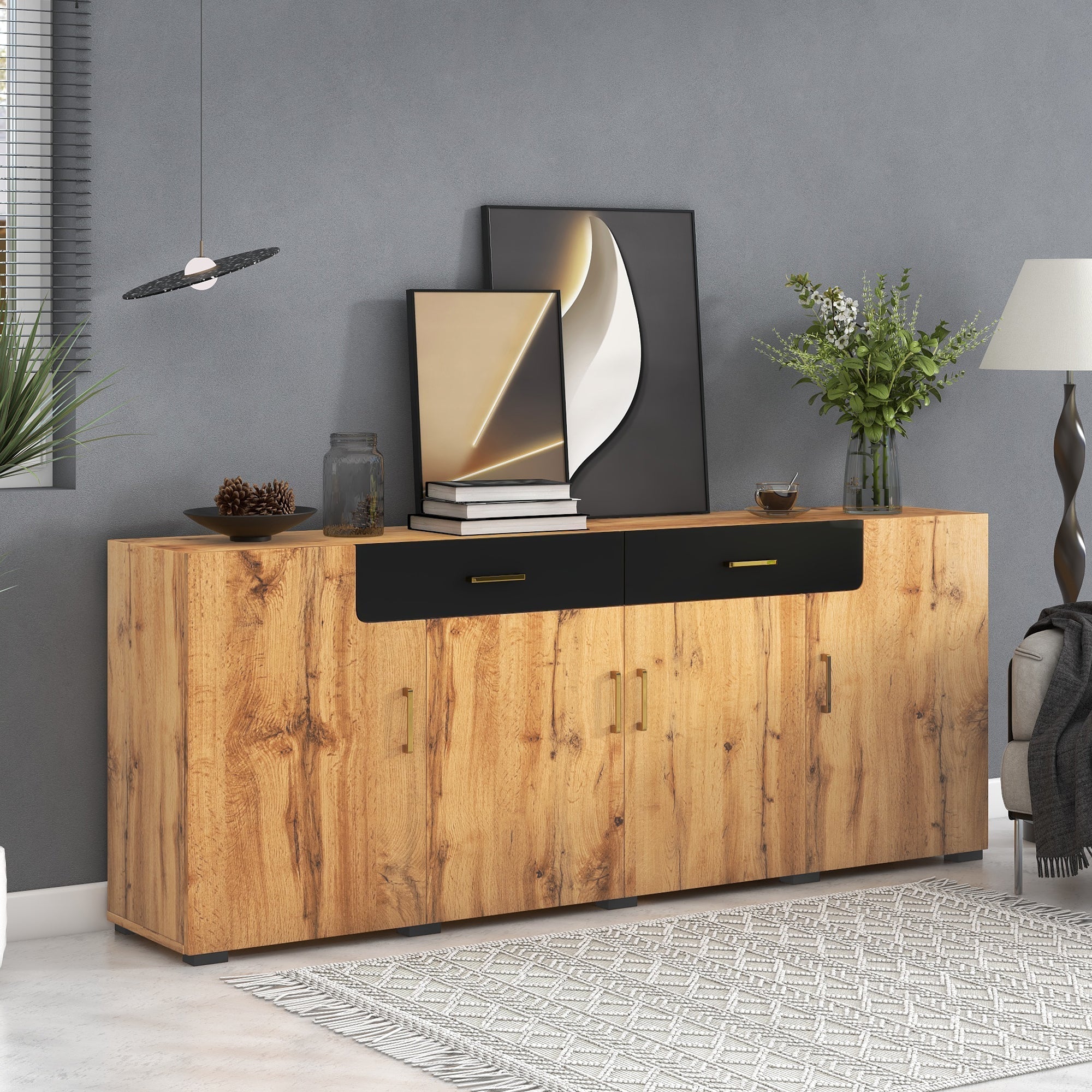 Sideboard Cabinet Storage 4 Doors 2 Drawers 208cm Buffet, Kitchen