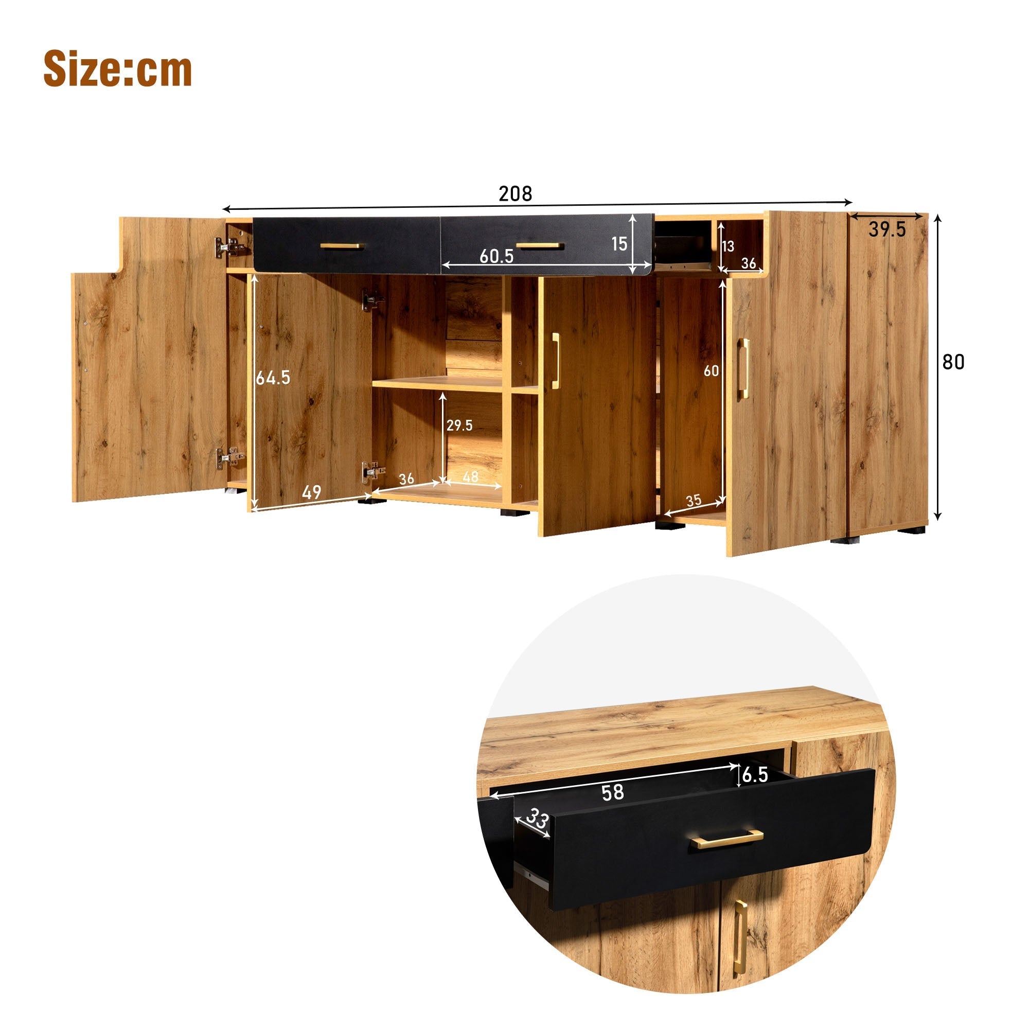 Sideboard Cabinet Storage 4 Doors 2 Drawers 208cm Buffet, Kitchen