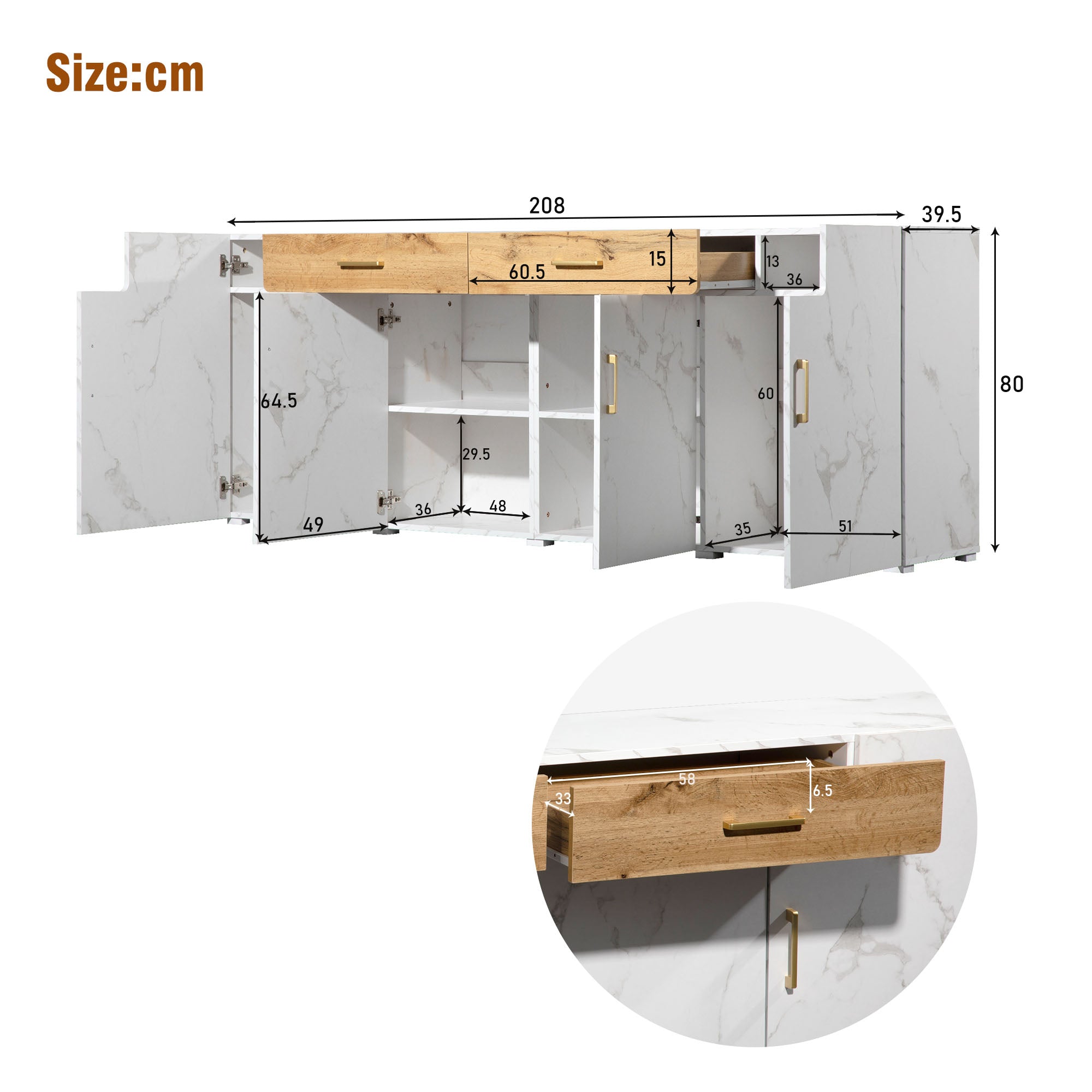 Sideboard Storage Cabinet 208 cm 4 Doors 2 Drawers, Kitchen/Buffet