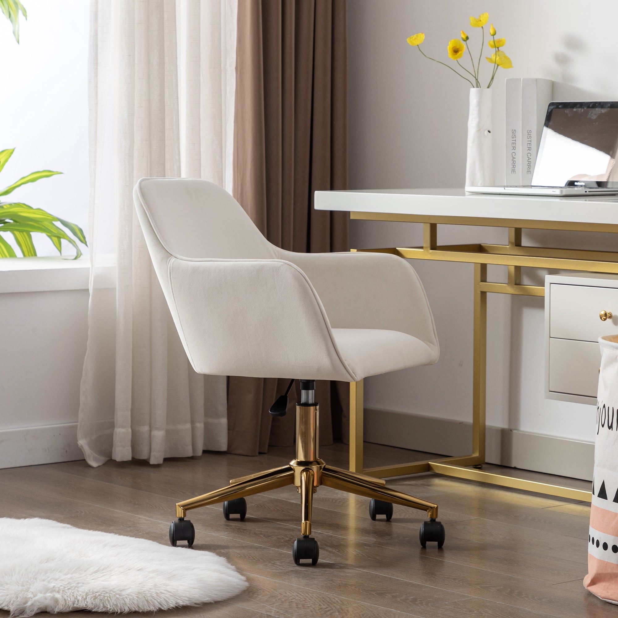 New Velvet Fabric Adjustable Height Swivel Home Office Chair, Coffee Ivory White