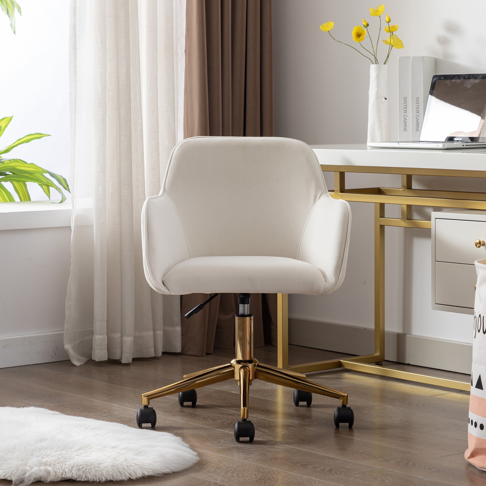 New Velvet Fabric Adjustable Height Swivel Home Office Chair, Coffee Ivory White