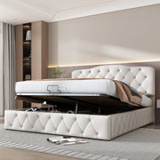 Upholstered Double Bed with Hydraulic Storage and Adjustable Headboard, White Synthetic Leather