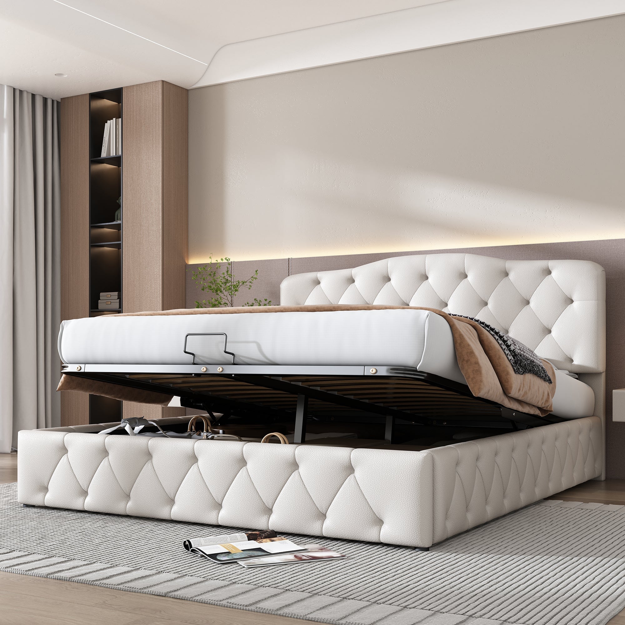Upholstered Double Bed with Hydraulic Storage and Adjustable Headboard, White Synthetic Leather