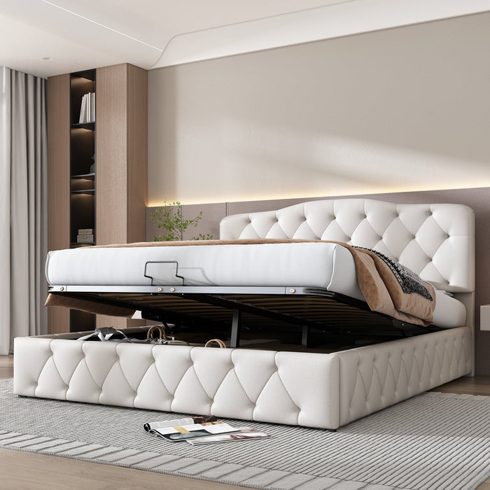 Upholstered Double Bed with Hydraulic Storage and Adjustable Headboard, White Synthetic Leather