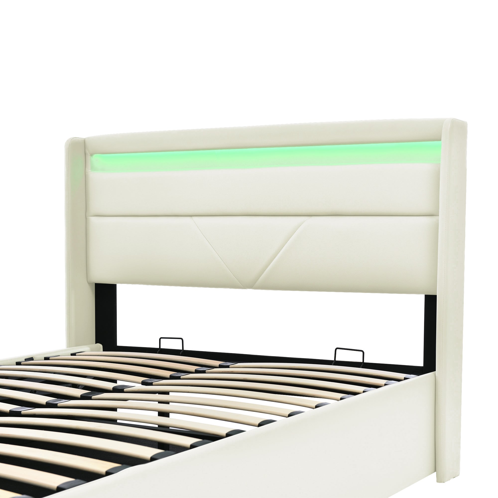Hydraulic Storage Bed with LED Strip, 160x200cm Double Upholstered, White