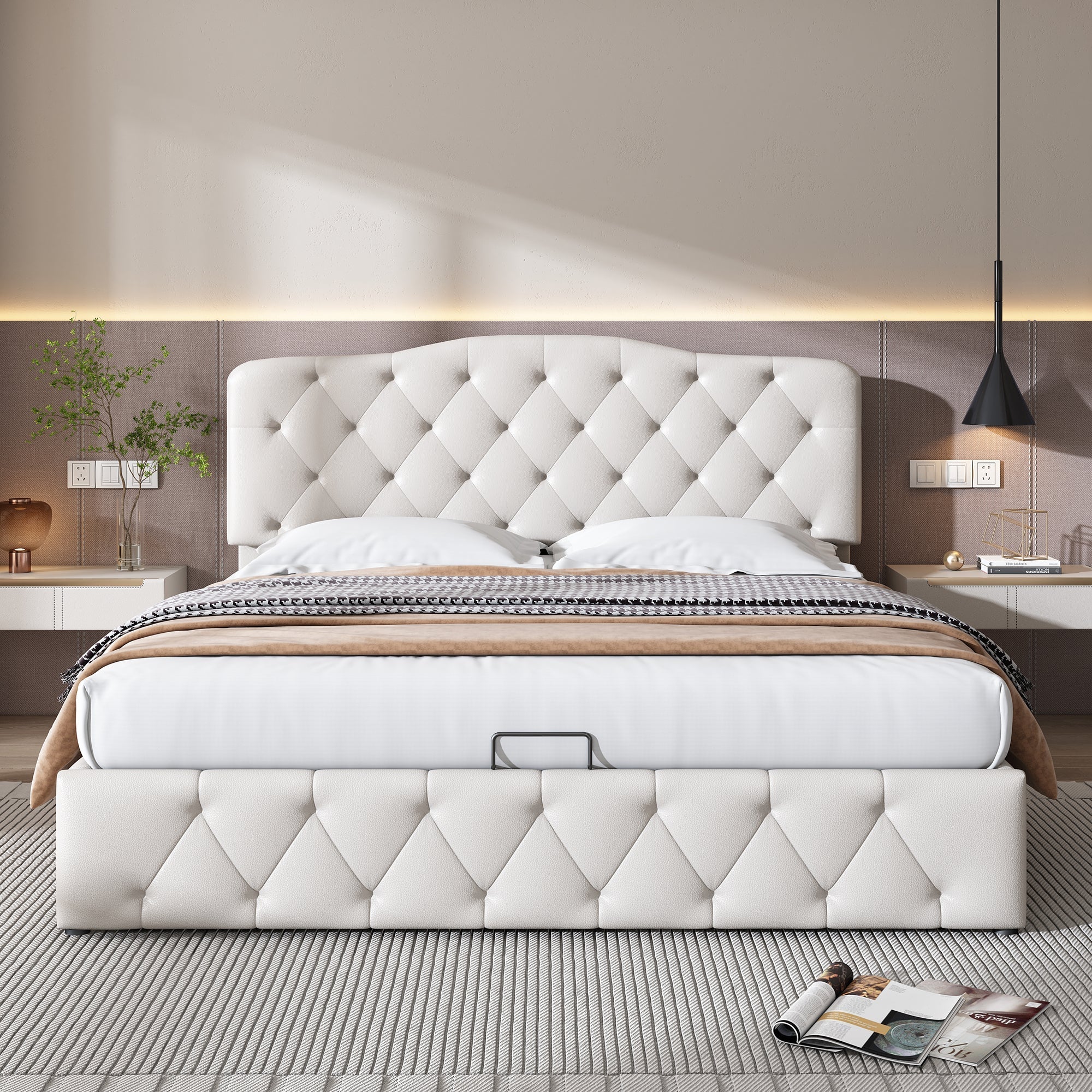 Upholstered Double Bed with Hydraulic Storage and Adjustable Headboard, White Synthetic Leather