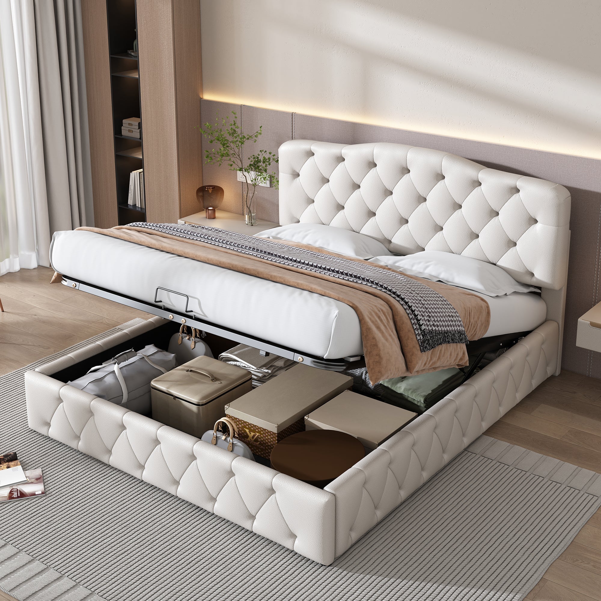 Upholstered Double Bed with Hydraulic Storage and Adjustable Headboard, White Synthetic Leather