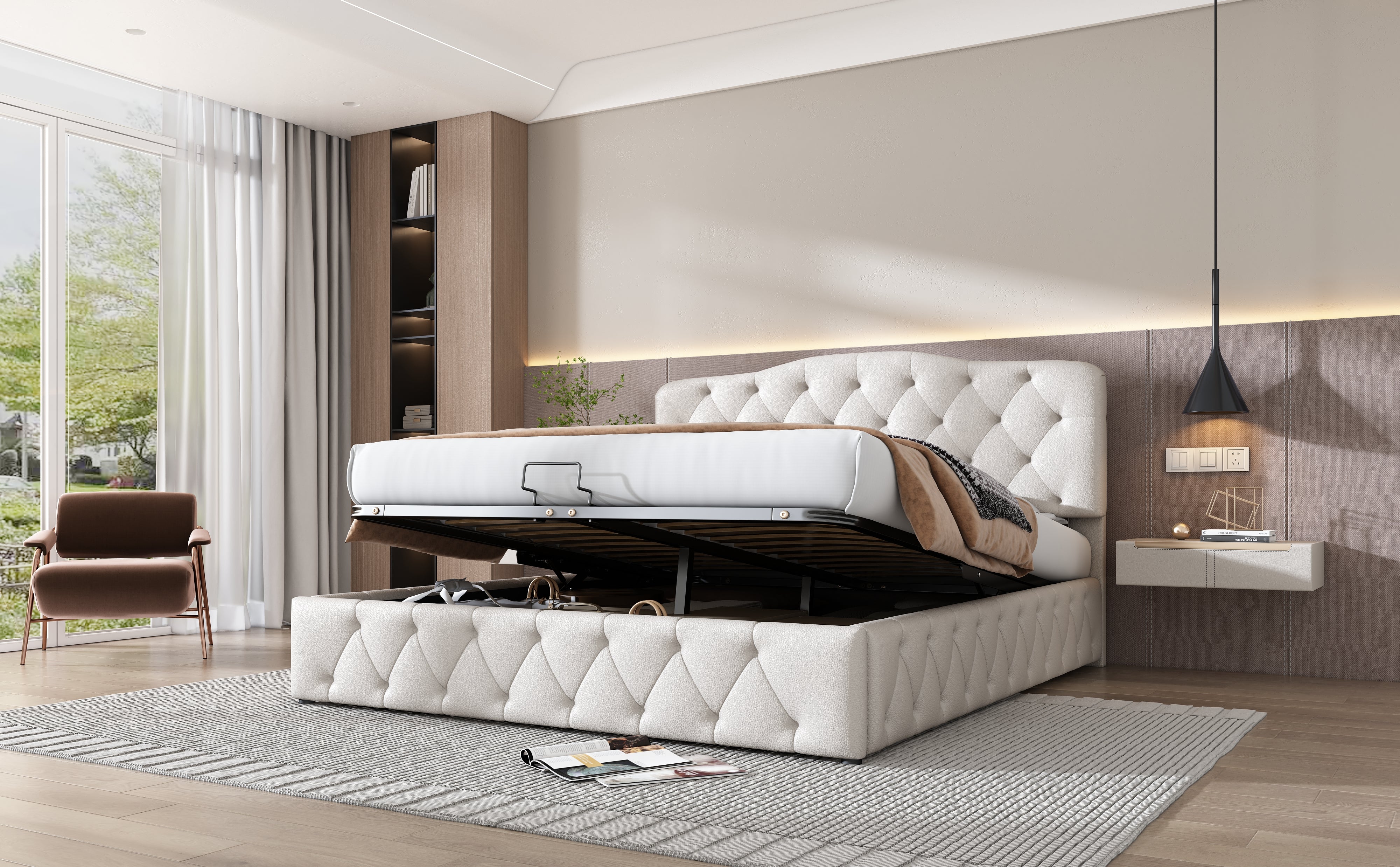 Upholstered Double Bed with Hydraulic Storage and Adjustable Headboard, White Synthetic Leather