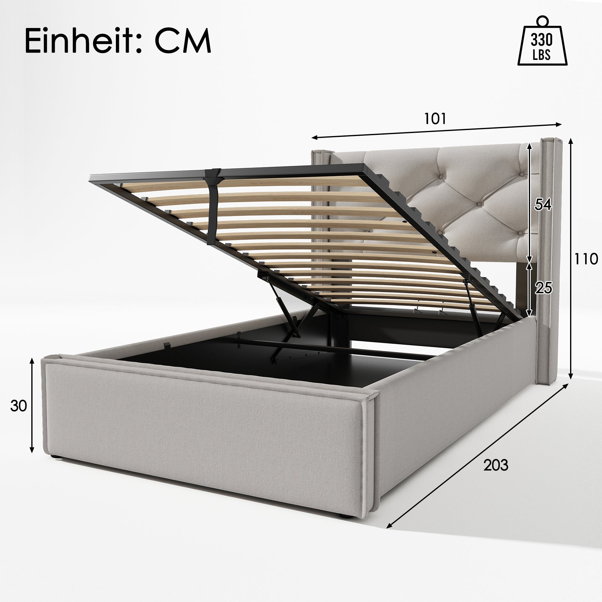 Hydraulic Single Upholstered Bed, 90x200cm, Metal Slatted Frame, Light Gray Cotton