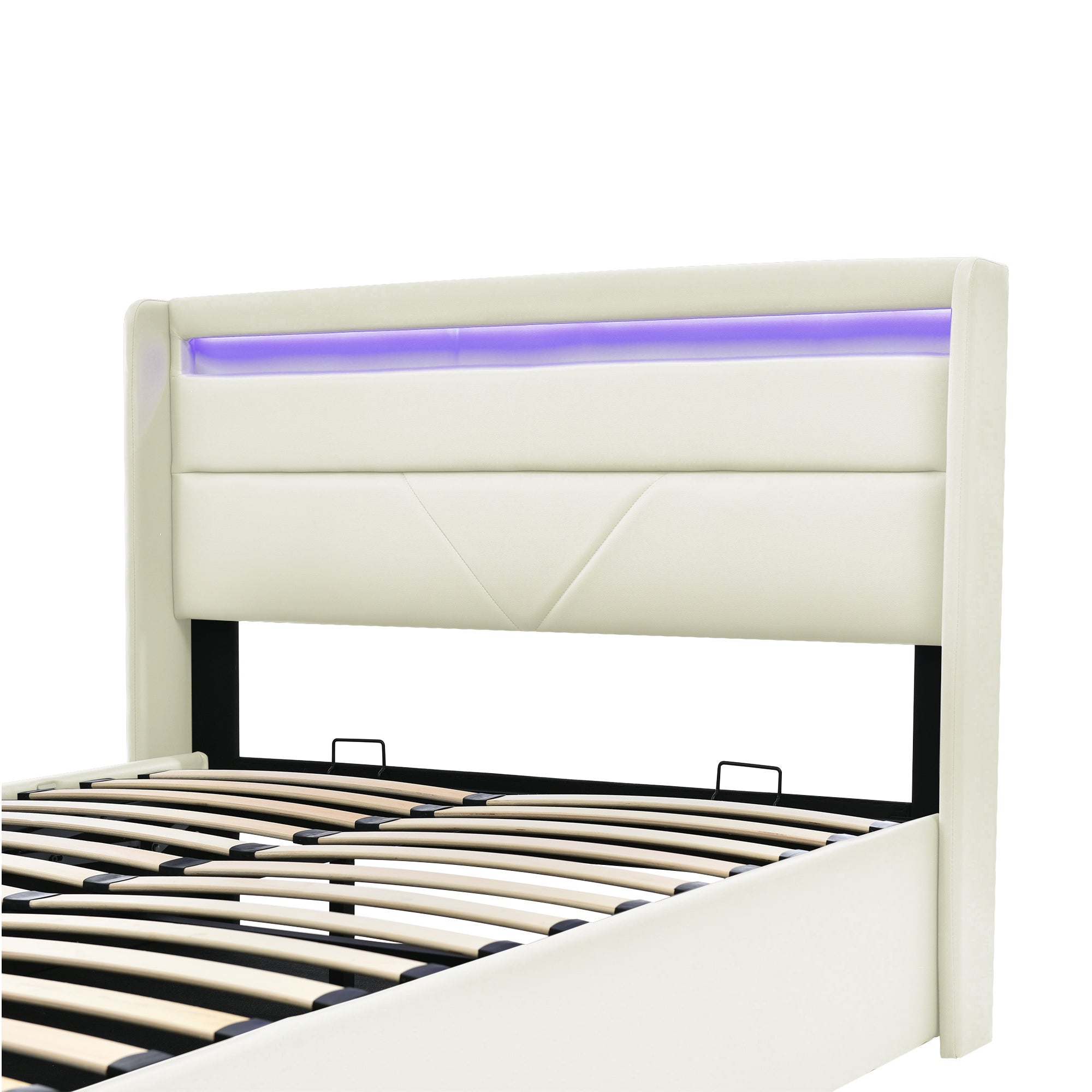 Hydraulic Storage Bed with LED Strip, 160x200cm Double Upholstered, White