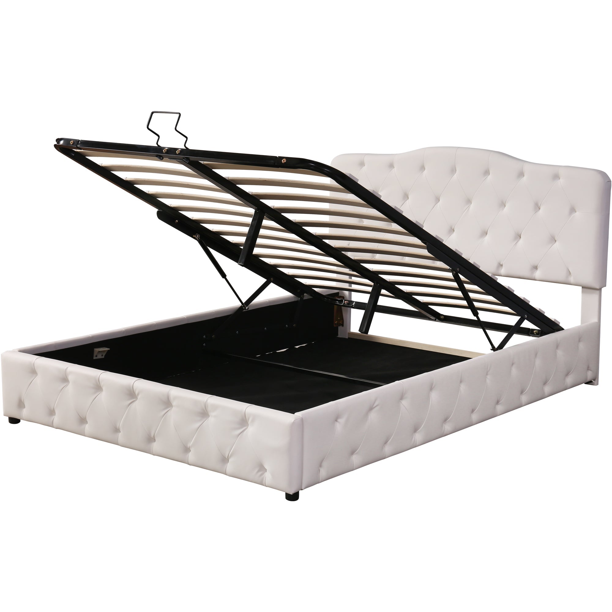 Upholstered Double Bed with Hydraulic Storage and Adjustable Headboard, White Synthetic Leather