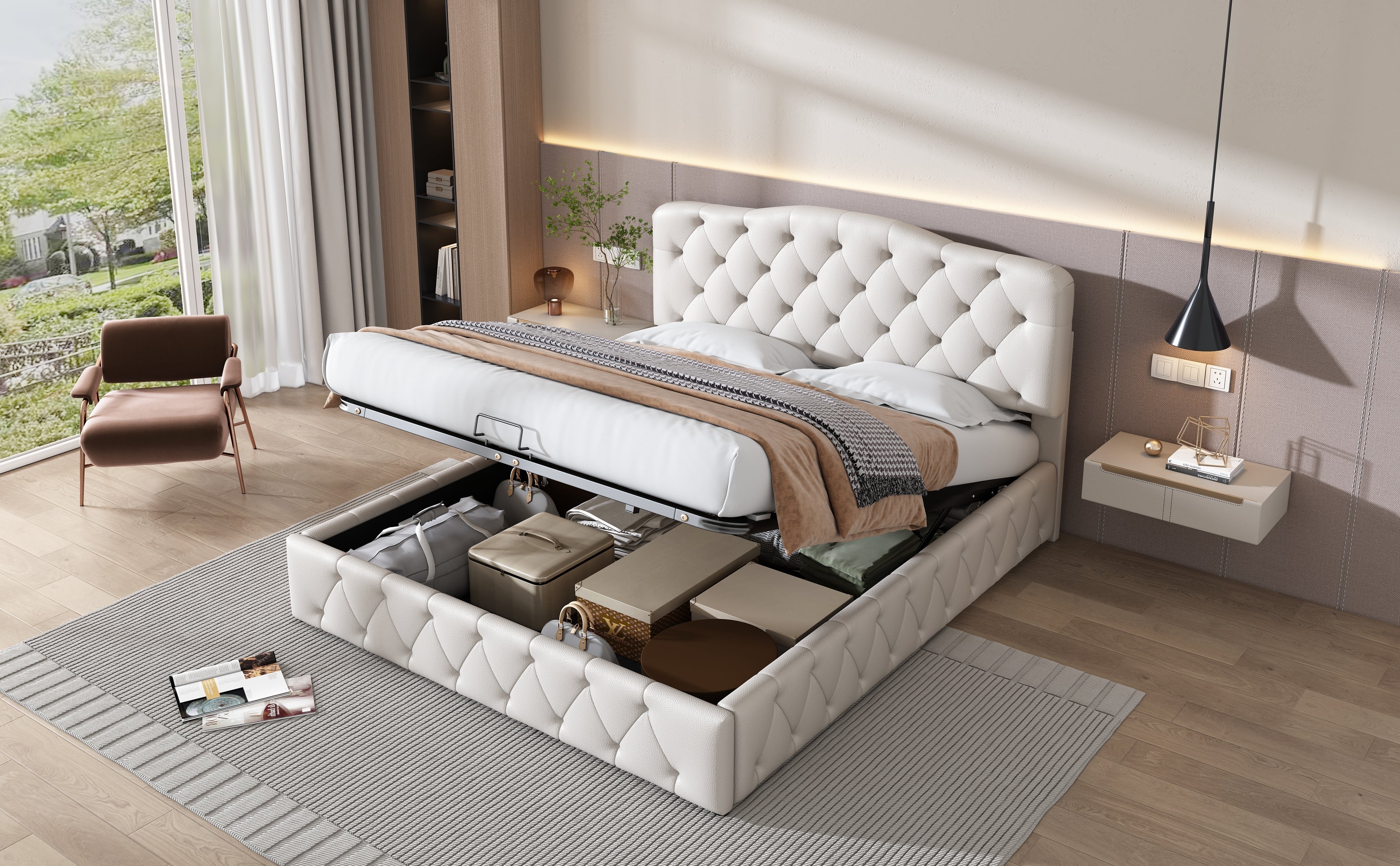 Upholstered Double Bed with Hydraulic Storage and Adjustable Headboard, White Synthetic Leather