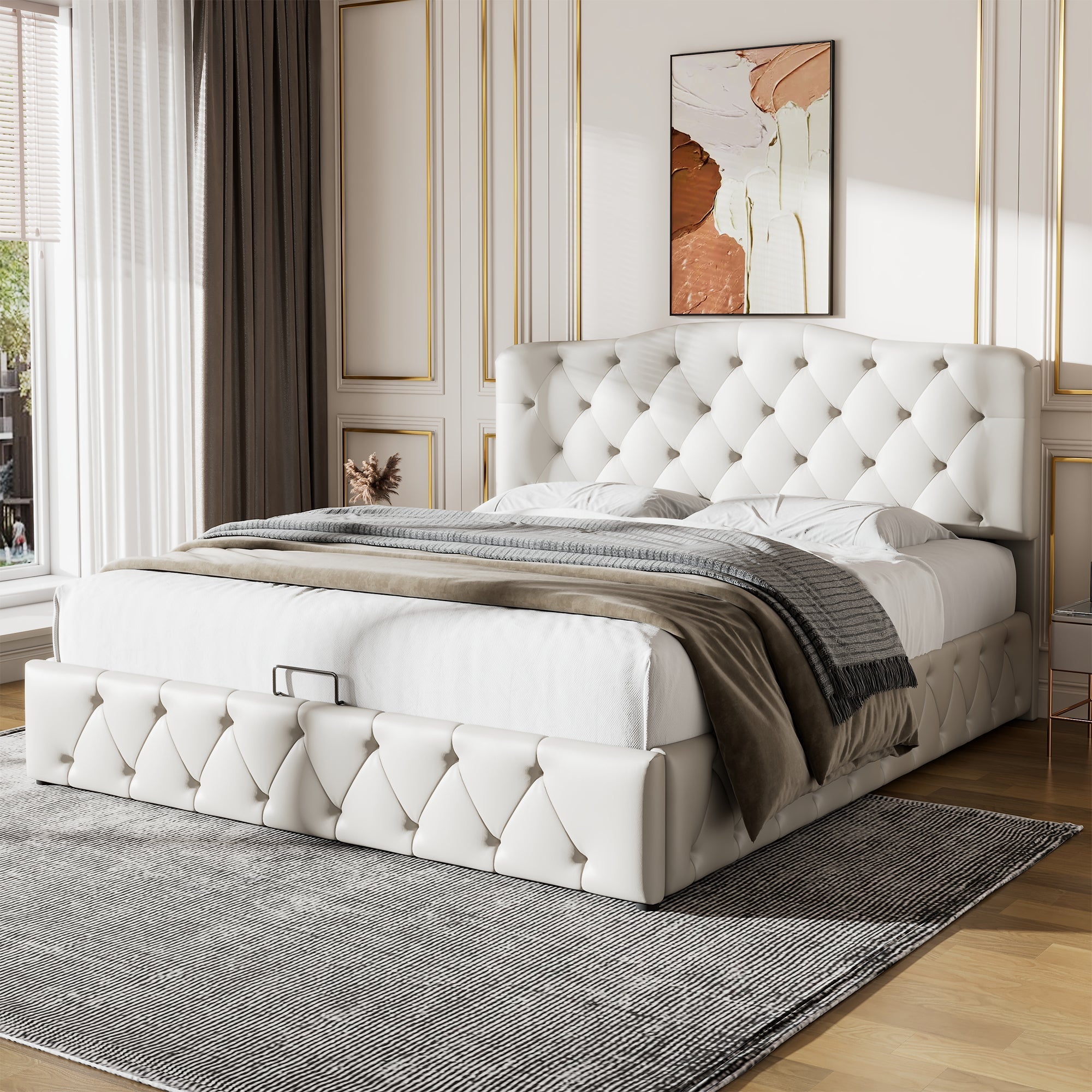 Upholstered Double Bed with Hydraulic Storage and Adjustable Headboard, White Synthetic Leather
