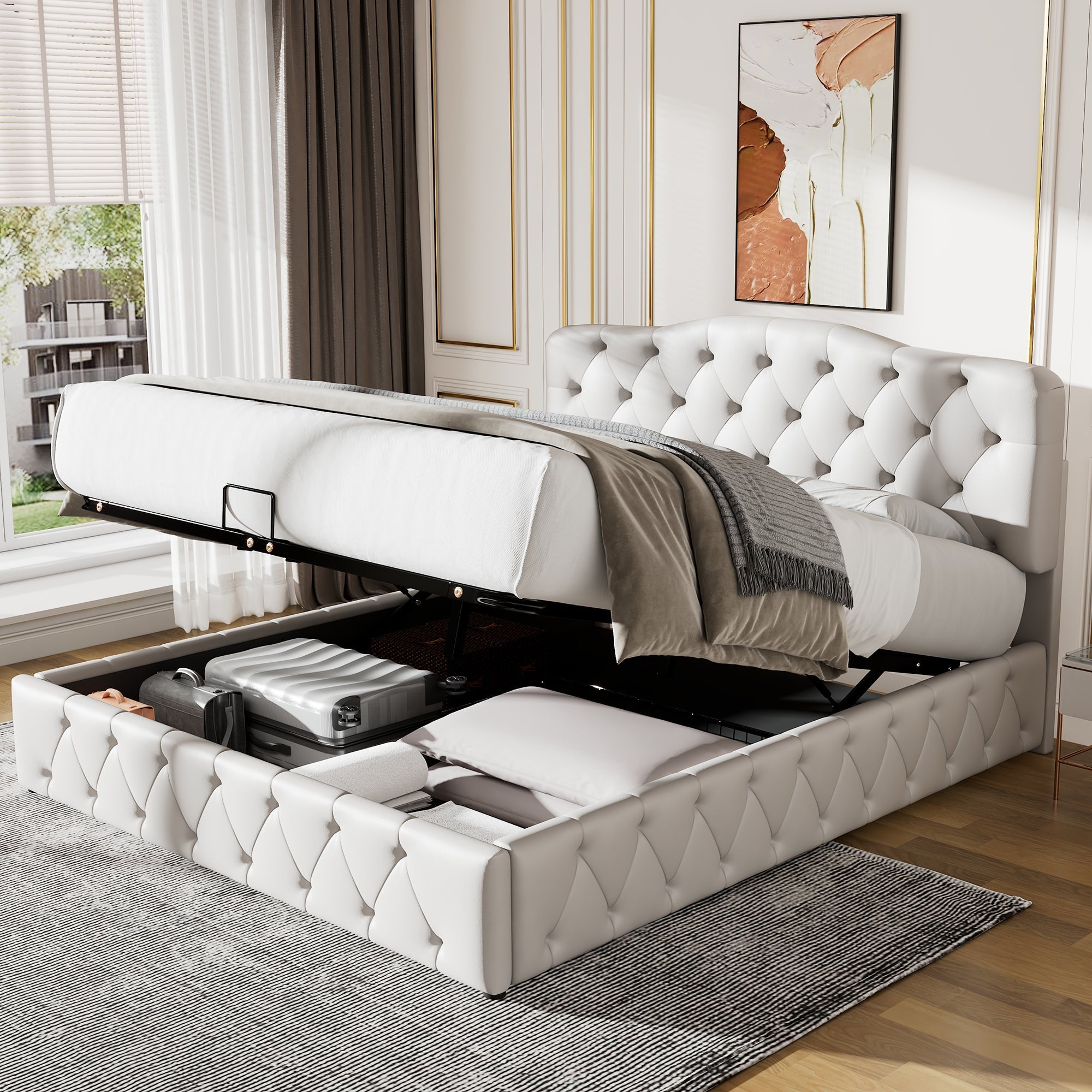 Upholstered Double Bed with Hydraulic Storage and Adjustable Headboard, White Synthetic Leather
