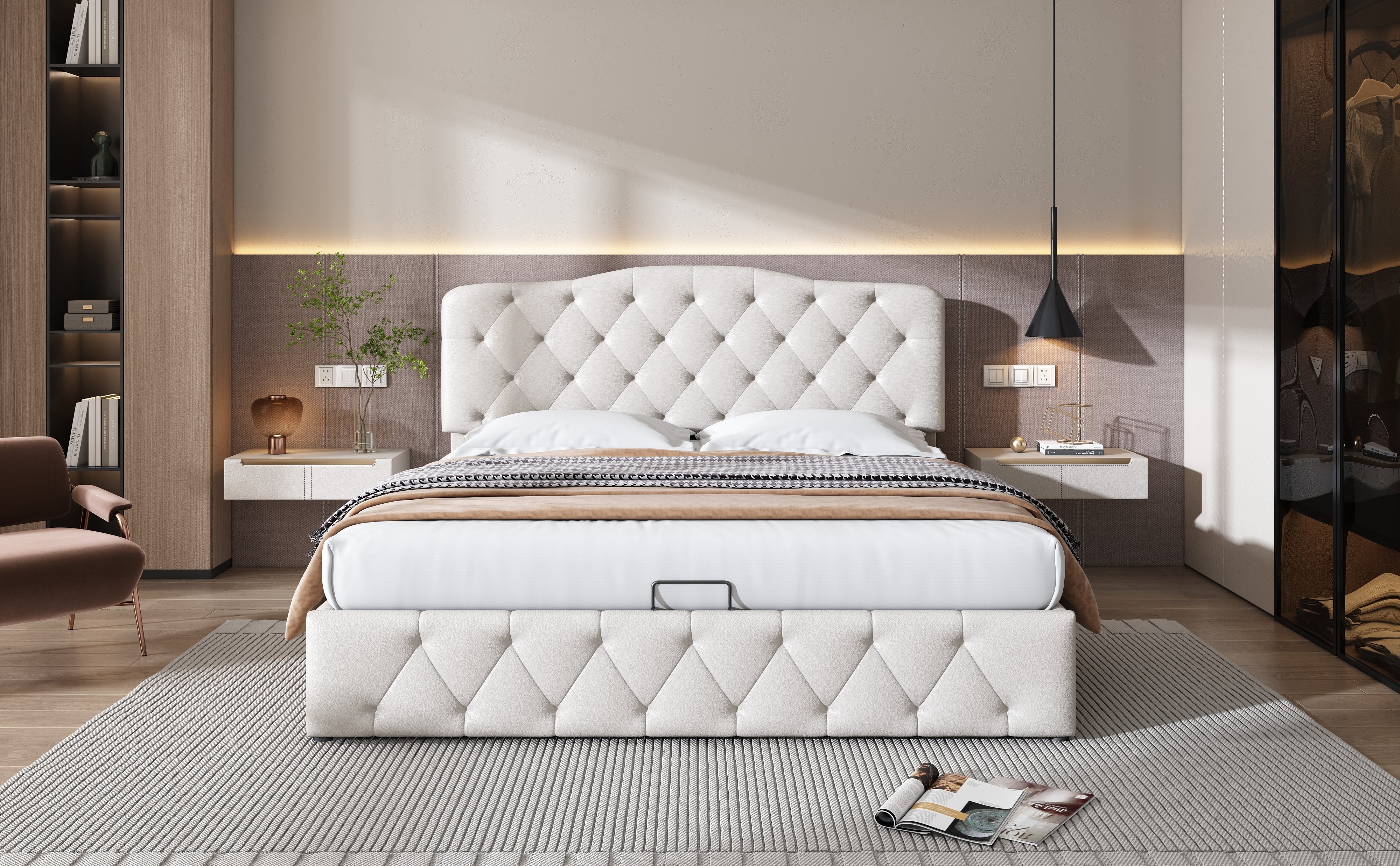 Upholstered Double Bed with Hydraulic Storage and Adjustable Headboard, White Synthetic Leather