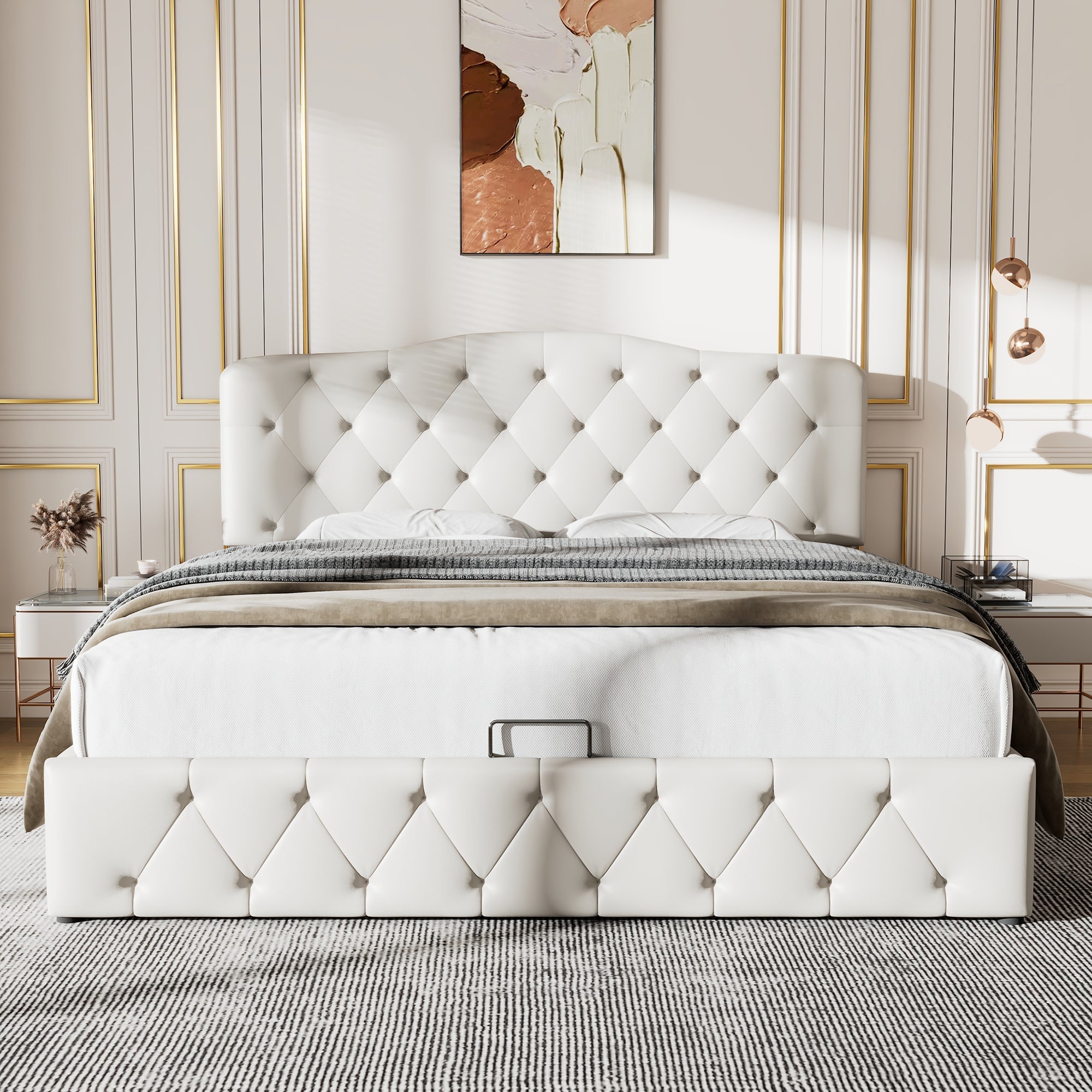 Upholstered Double Bed with Hydraulic Storage and Adjustable Headboard, White Synthetic Leather