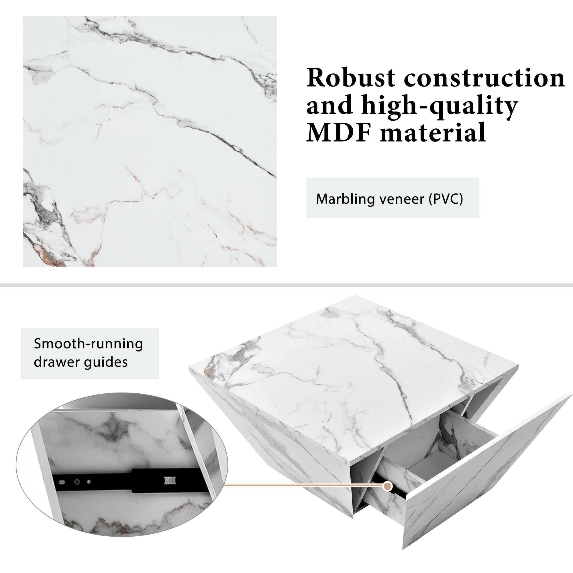 Marbling Veneer (PVC) Coffee Table with 2 Cabinets, White