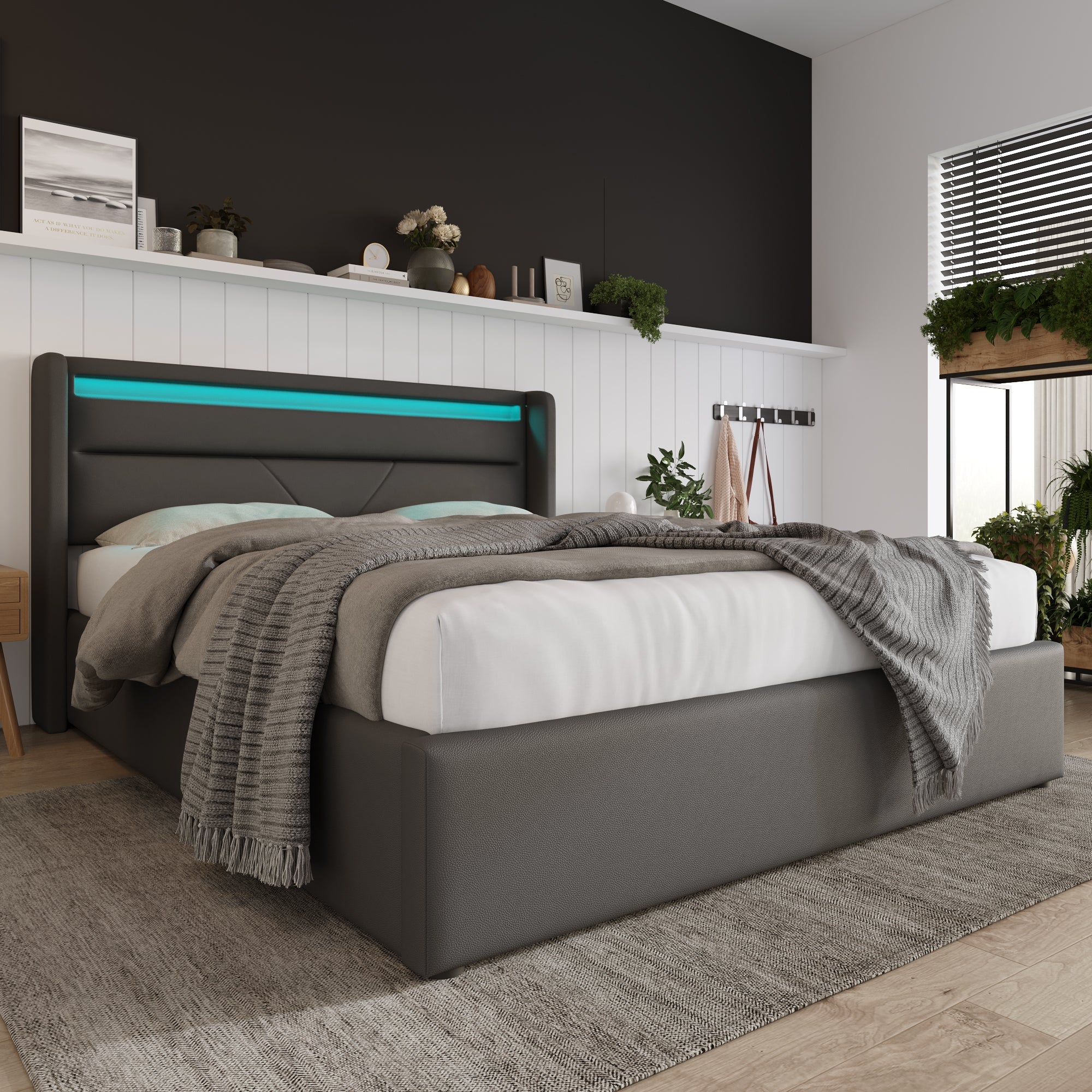 Hydraulic Storage Bed, 140x200cm Upholstered with LED, Grey