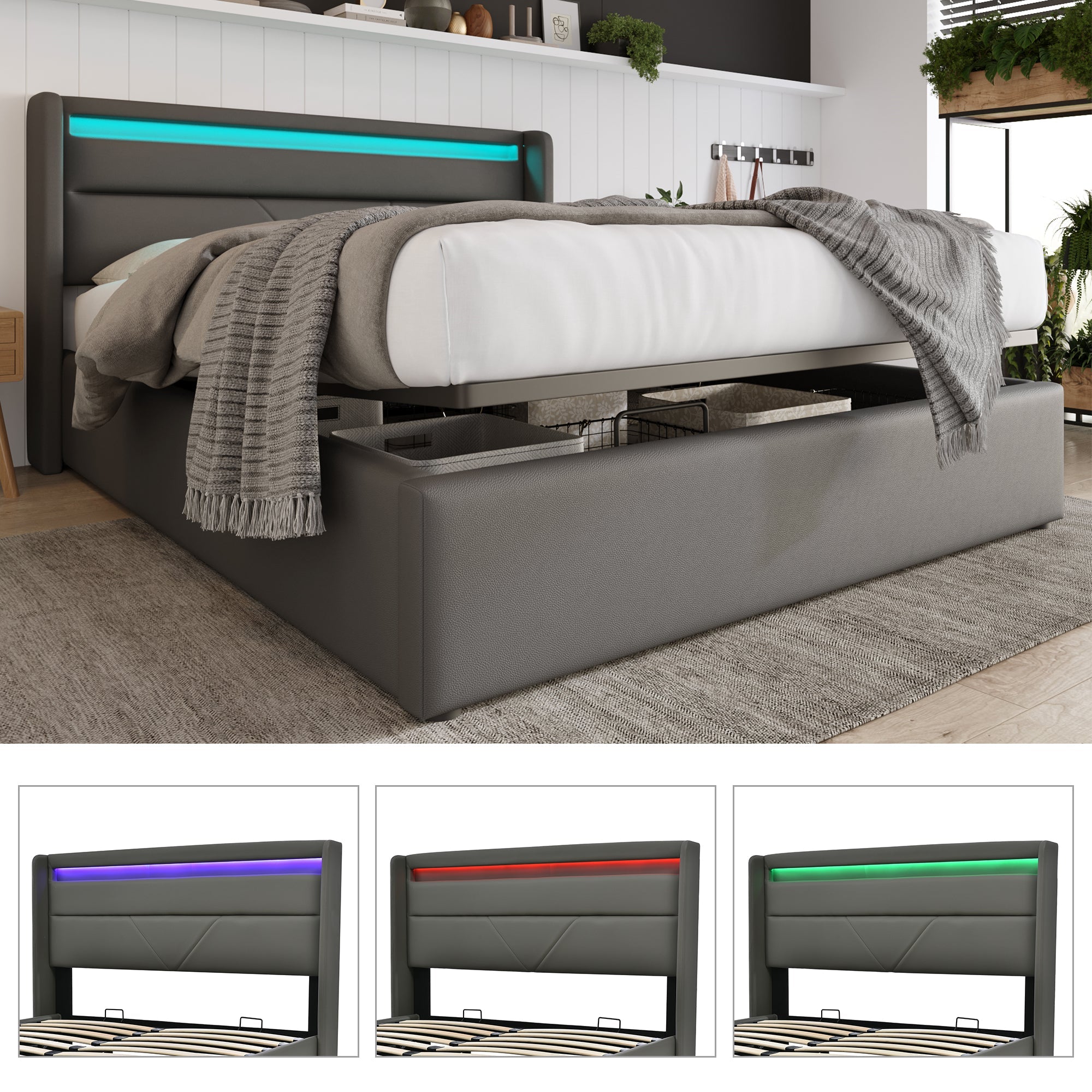 Hydraulic Storage Bed, 140x200cm Upholstered with LED, Grey