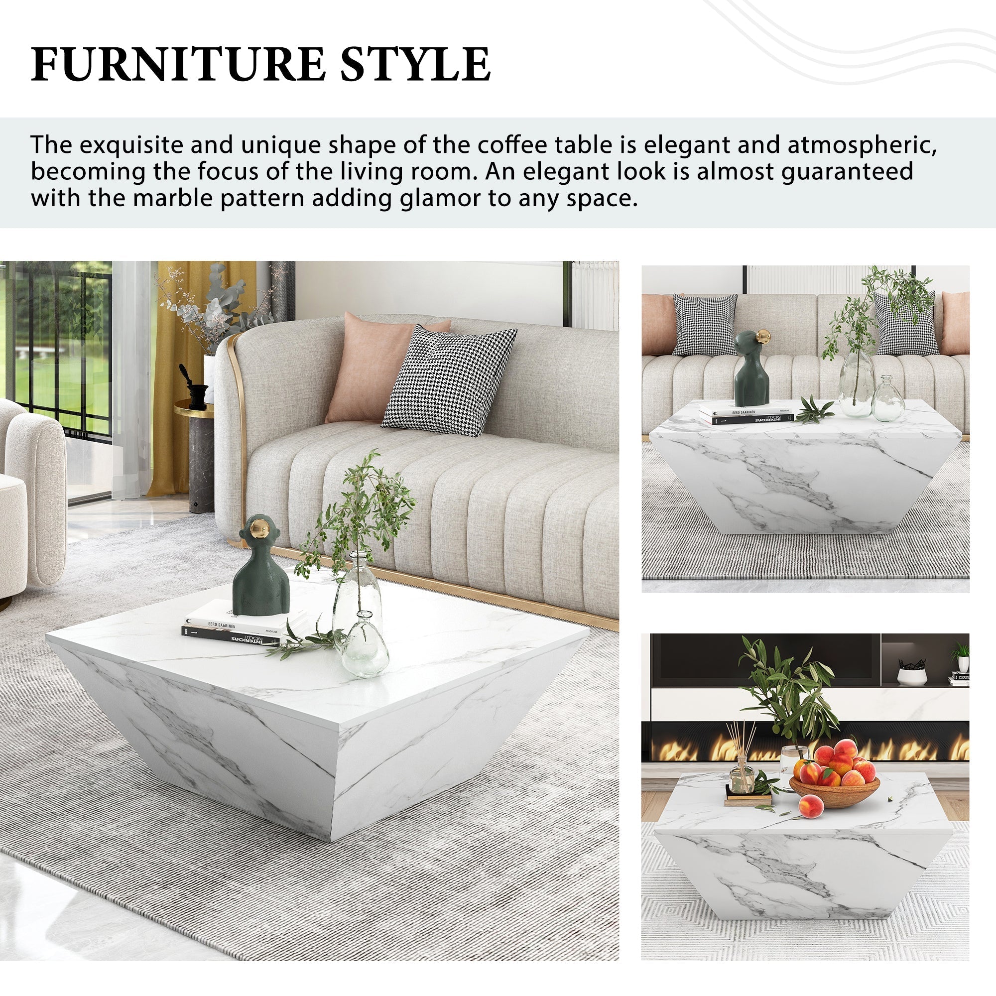 Marbling Veneer (PVC) Coffee Table with 2 Cabinets, White