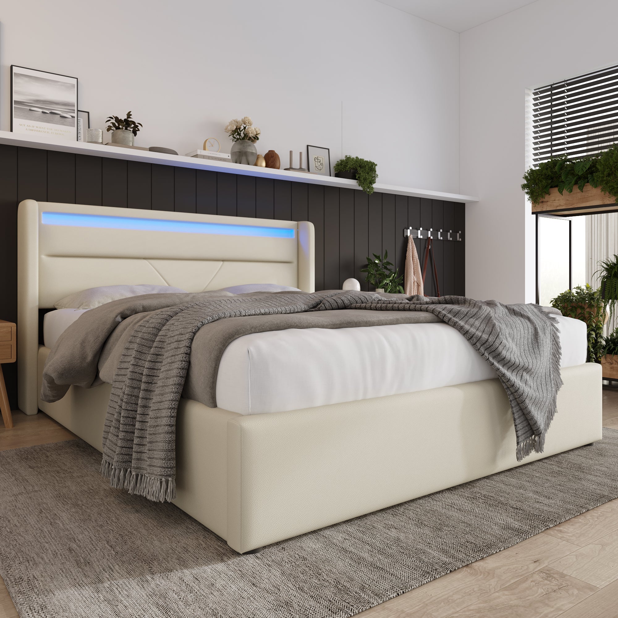 Hydraulic Storage Bed with LED Strip, 160x200cm Double Upholstered, White